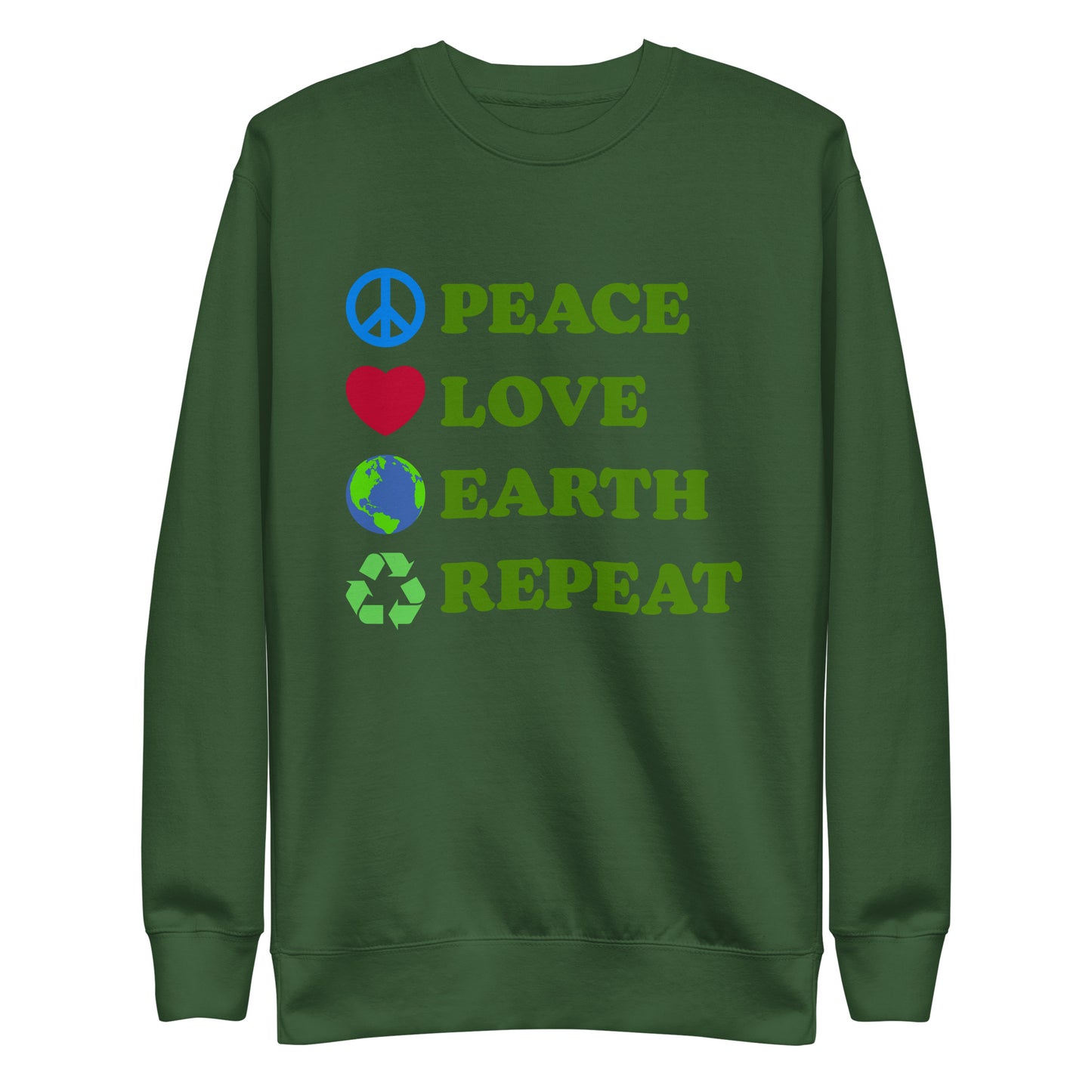 Front View Image: Peace Love Earth Repeat sweatshirt shown flat with full front design