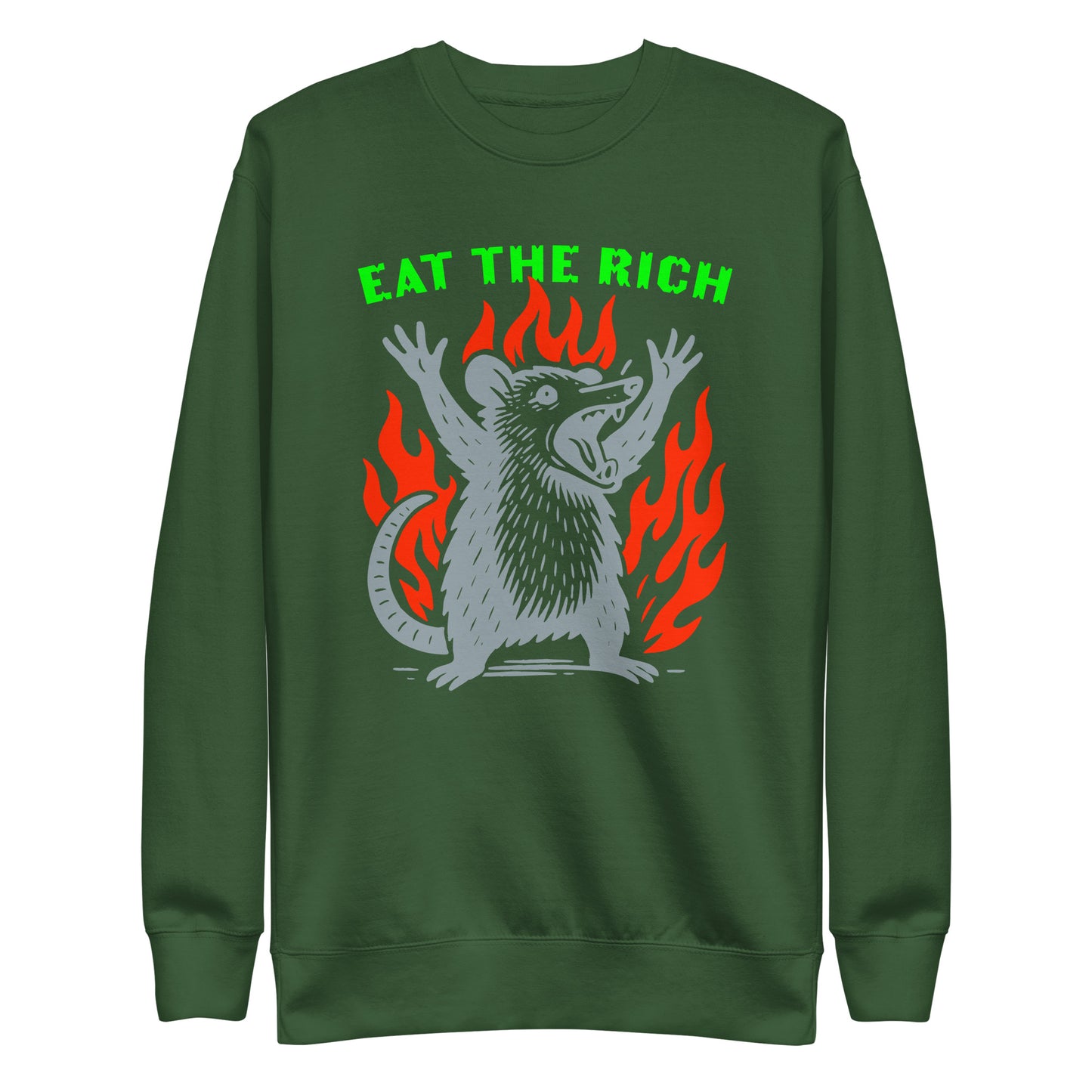 Front View Image: Eat The Rich Opossum Sweatshirt – bold protest design with flames