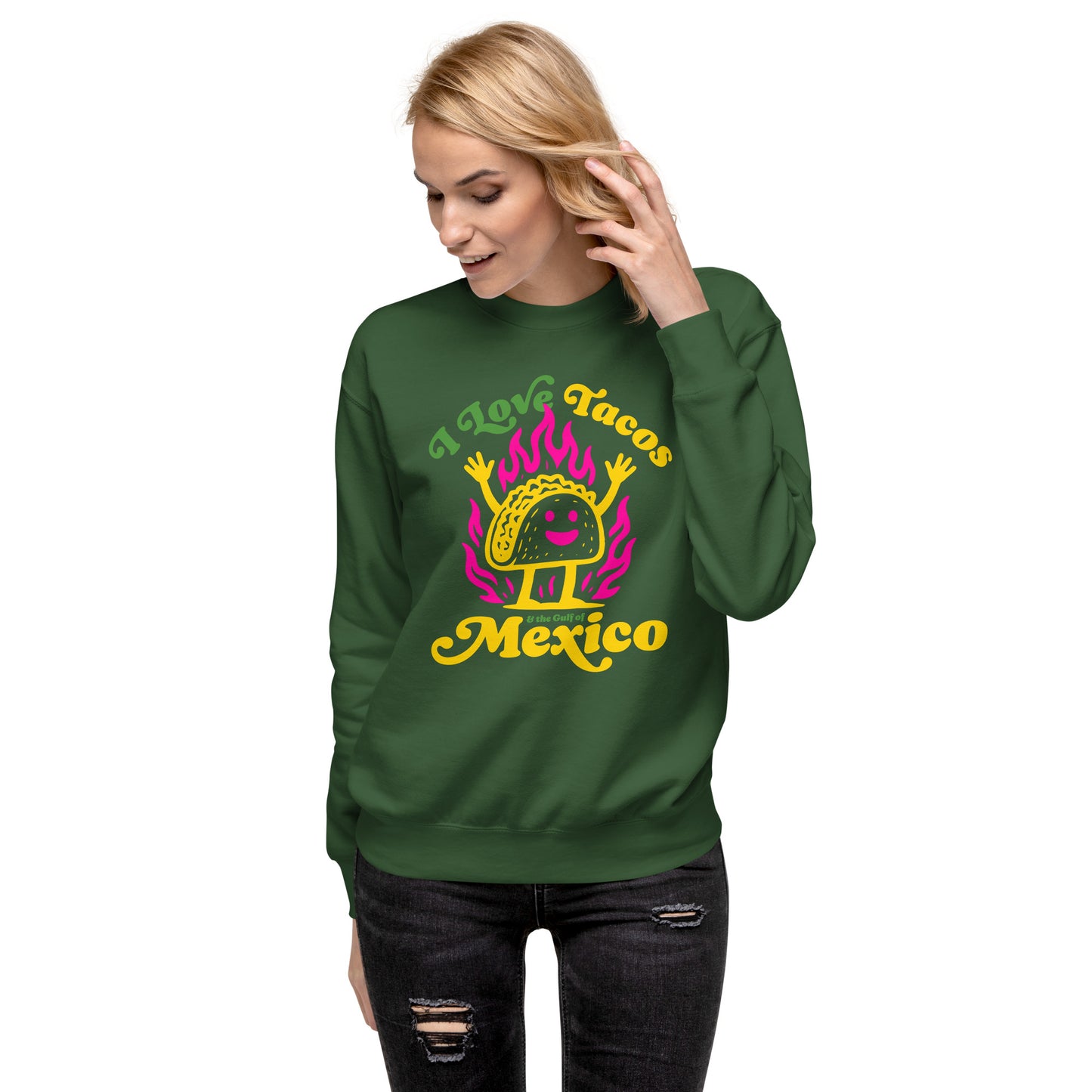 Lifestyle Image: “Female Model wearing pro-Mexico political sweatshirt celebrating Gulf Coast culture”