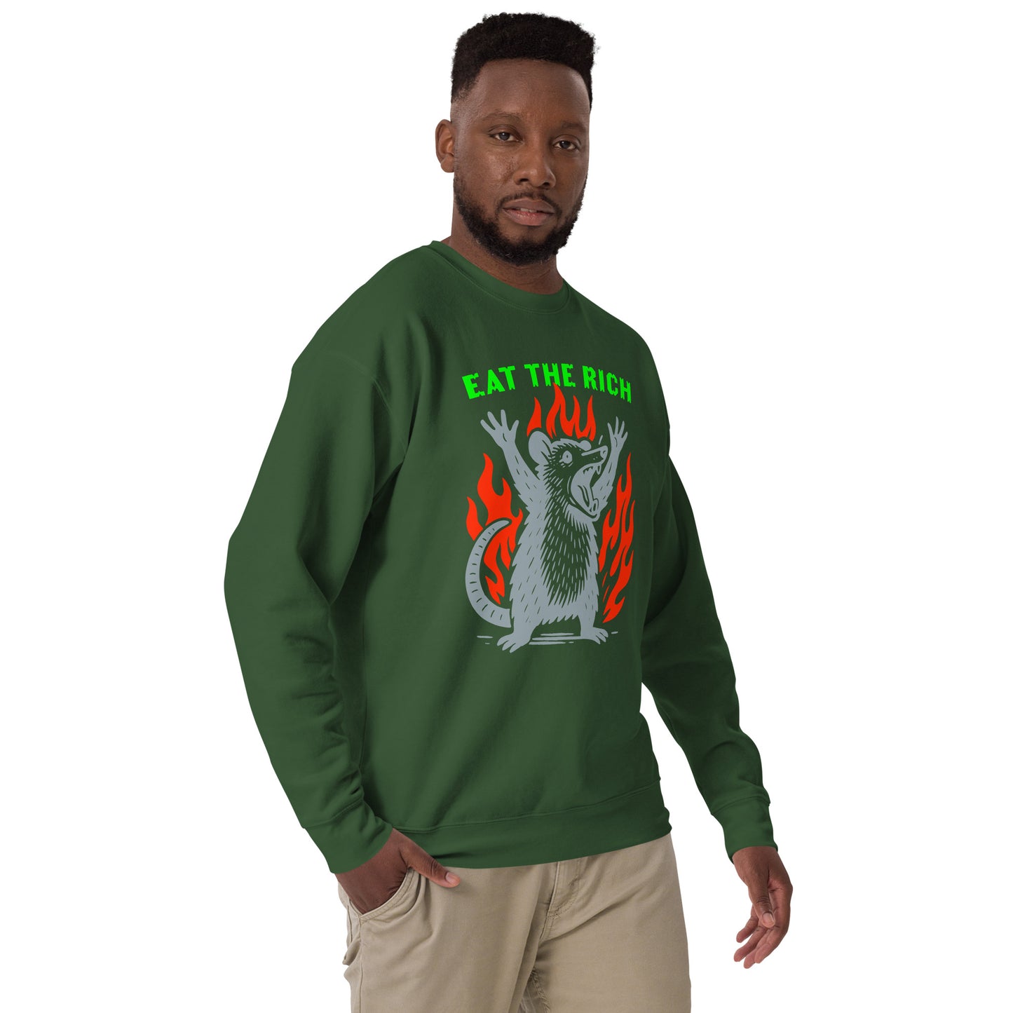 Lifestyle Image: Man wearing Eat The Rich Activist Sweatshirt – unisex punk style