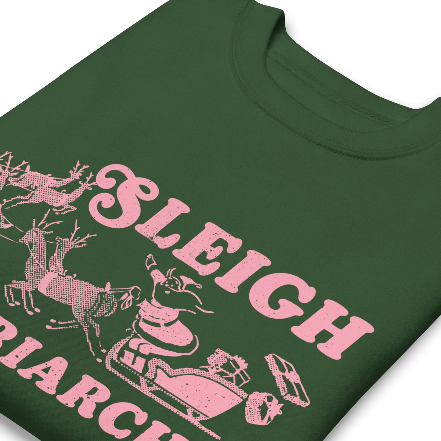 Close-Up of Design: Detailed graphic of Santa in a sleigh with reindeer and bold feminist text.