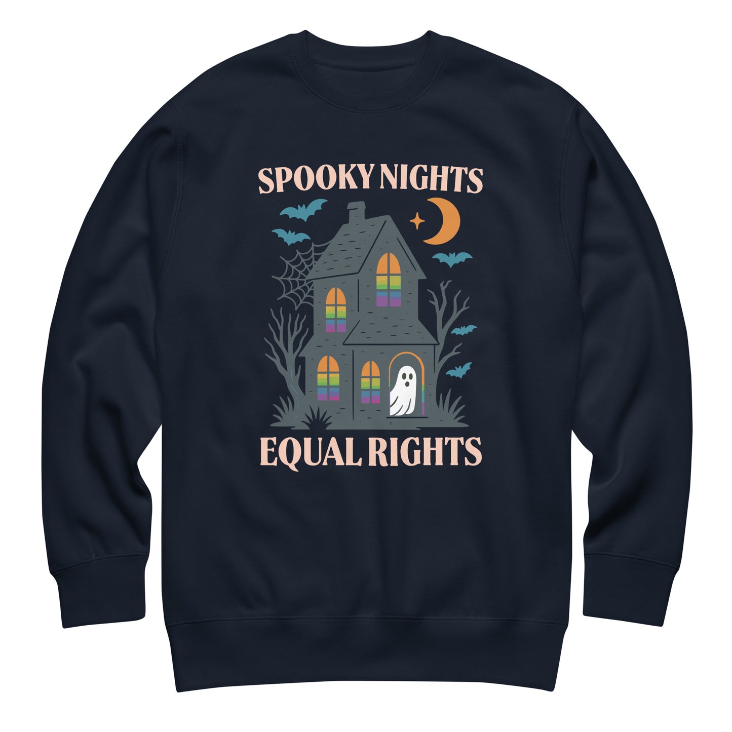 Navy “Spooky Nights, Equal Rights” sweatshirt featuring rainbow-window haunted house and ghost illustration.