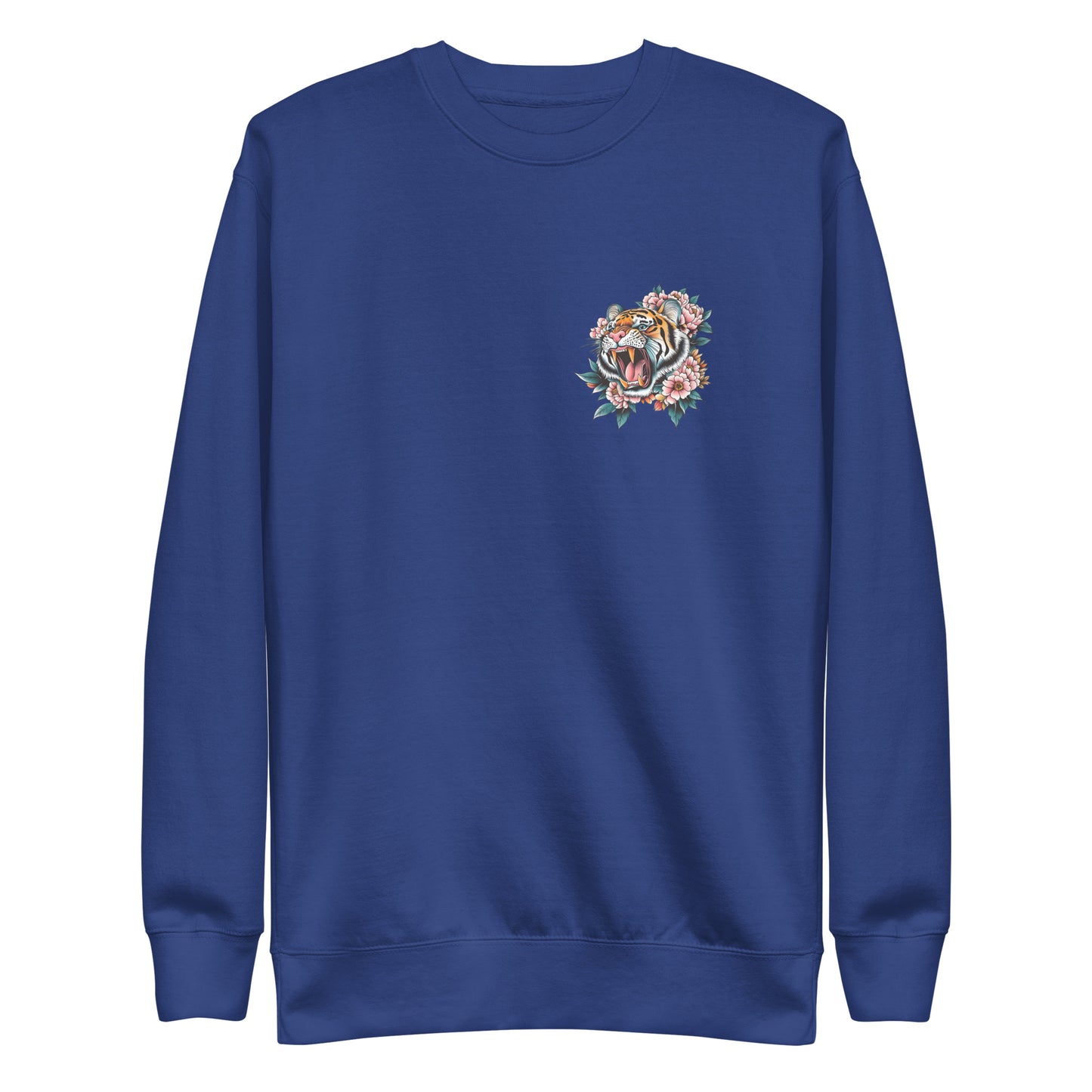 Front View Image: Women Don’t Owe You Sh*t Premium Sweatshirt with small tiger and floral emblem on the front.