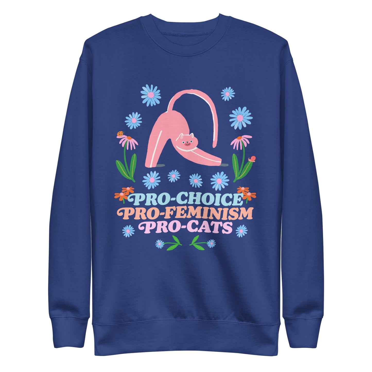 Front View Image: Pro-Choice Pro-Feminism Pro-Cats Premium Sweatshirt with floral cat design.