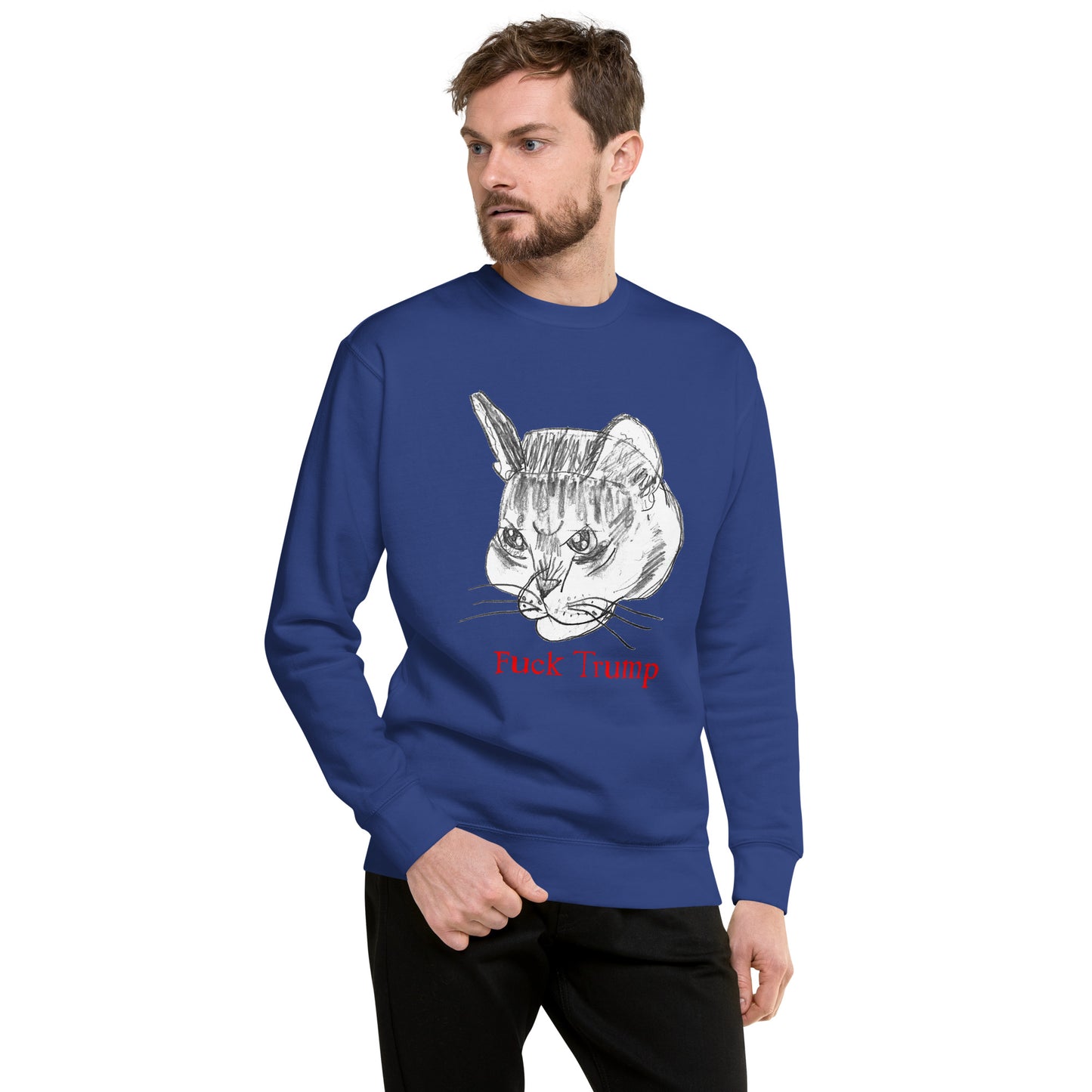 Lifestyle Image: Man wearing the FDT anti-Trump cat sweatshirt in a casual setting, showcasing its fit and design.