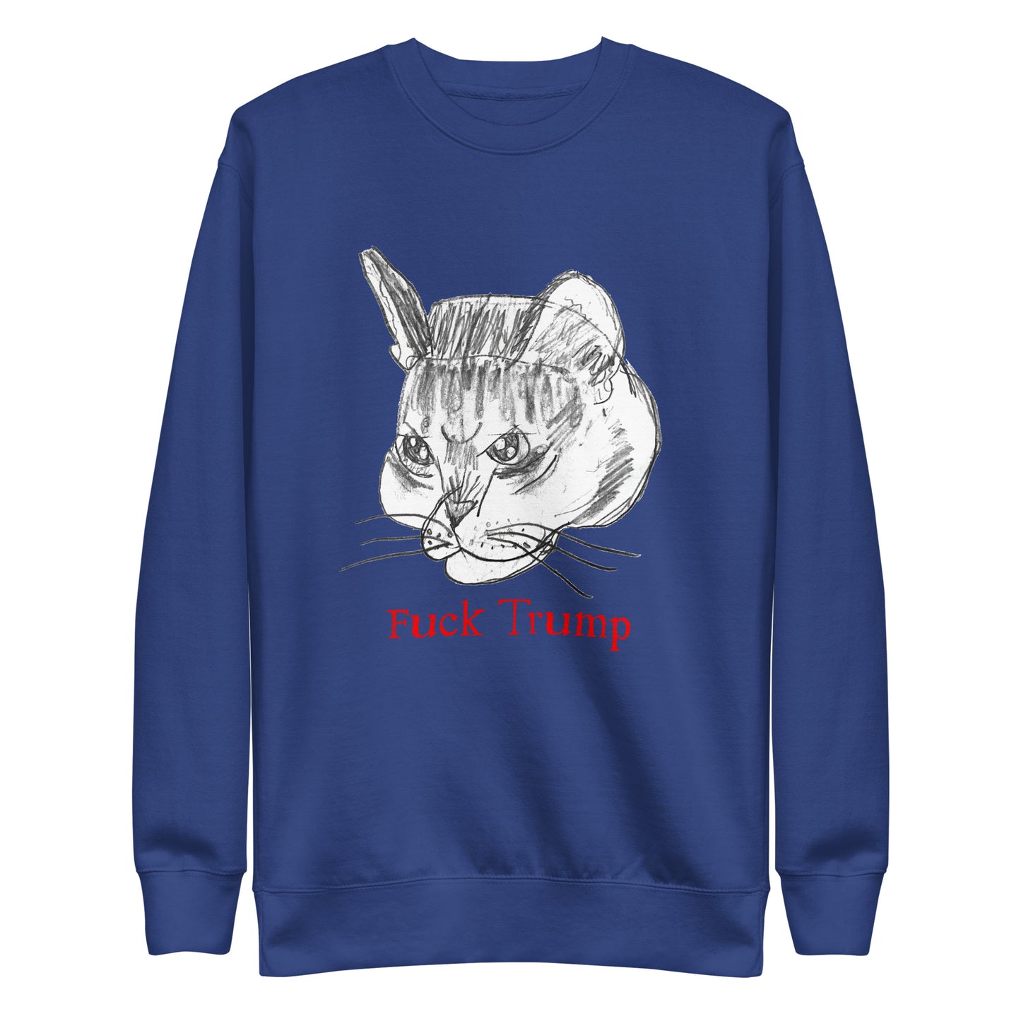 Front View Image: Unisex sweatshirt featuring a playful cat illustration with a "F*ck Trump" message.
