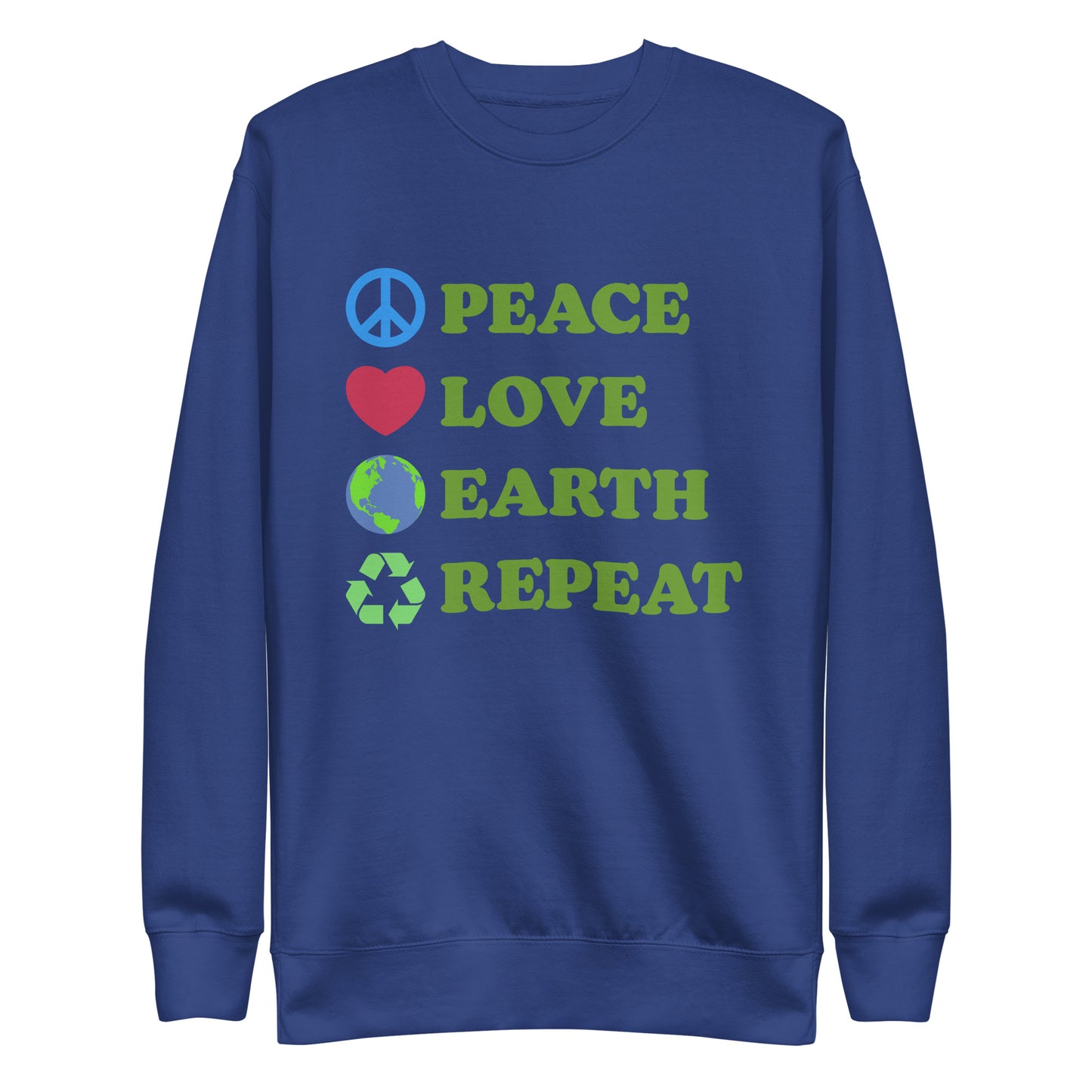 Front View Image: Peace Love Earth Repeat sweatshirt shown flat with full front design