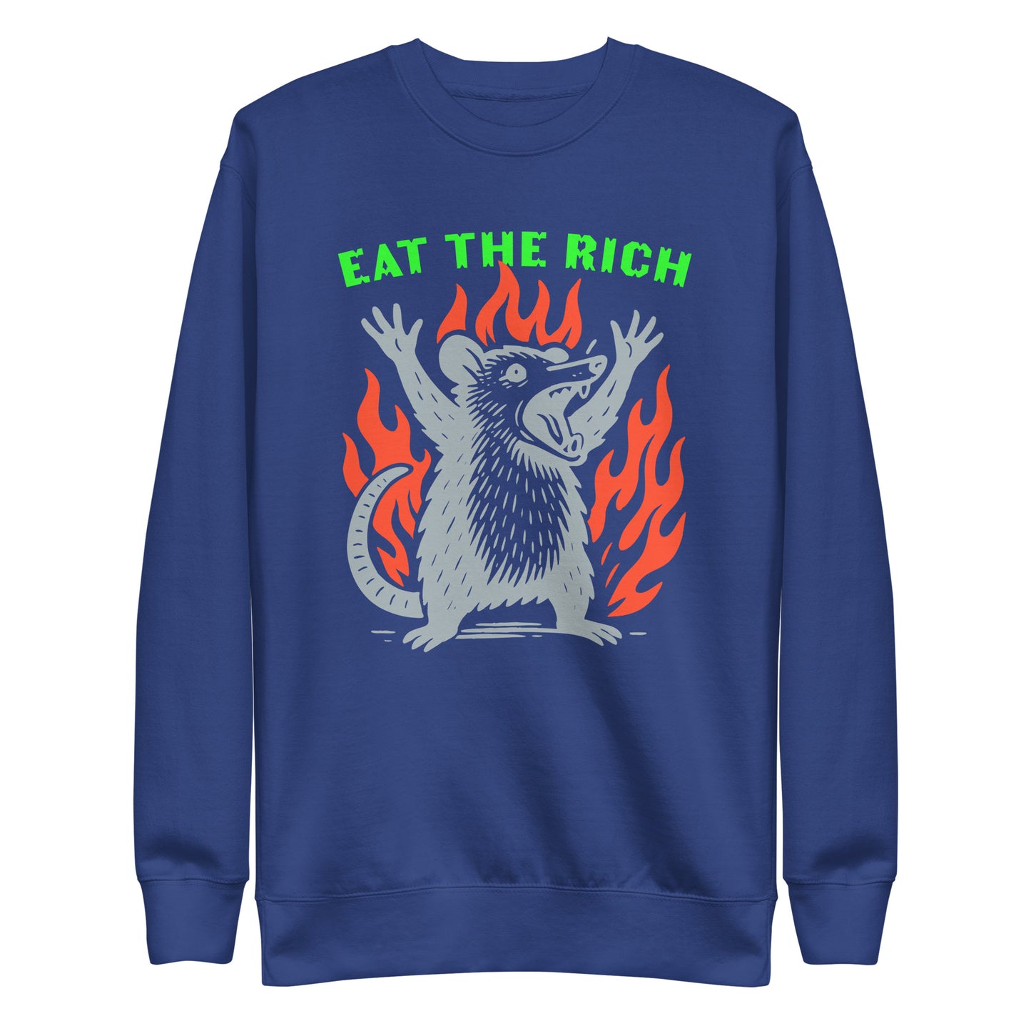 Front View Image: Eat The Rich Opossum Sweatshirt – bold protest design with flames