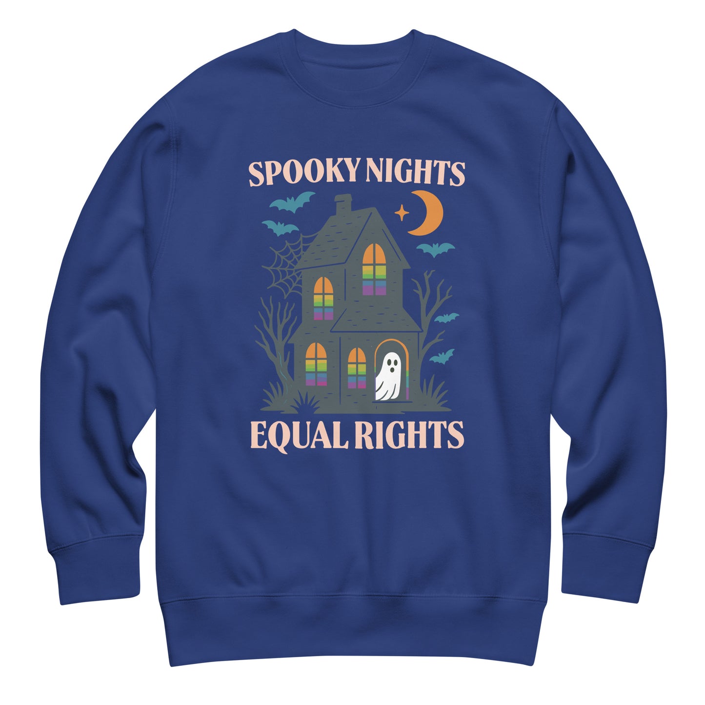 Royal blue “Spooky Nights, Equal Rights” Halloween sweatshirt, Blue Wave progressive activist wear for fall nights.