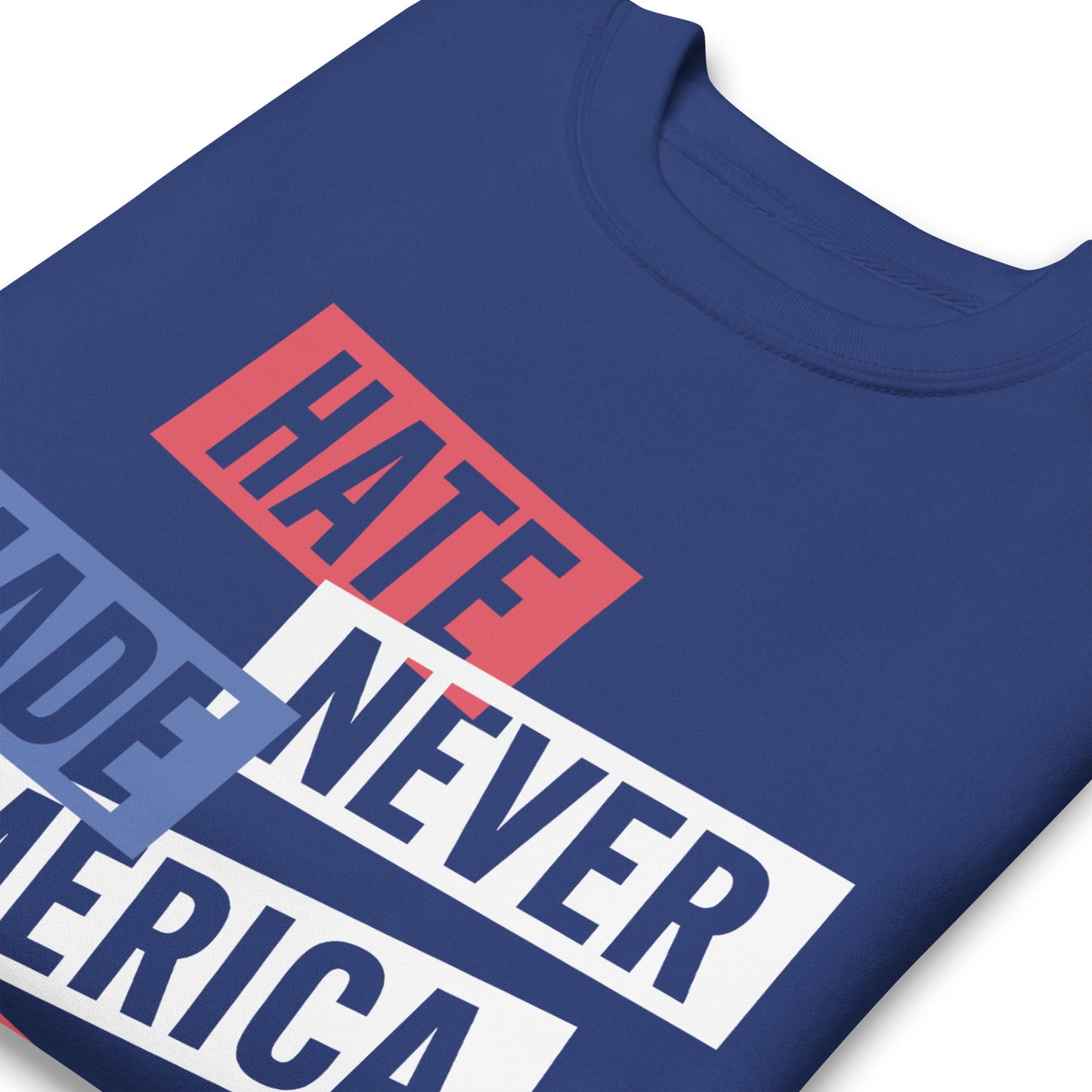 Close-Up of Design: Zoomed-in view of the progressive slogan printed on the sweatshirt.