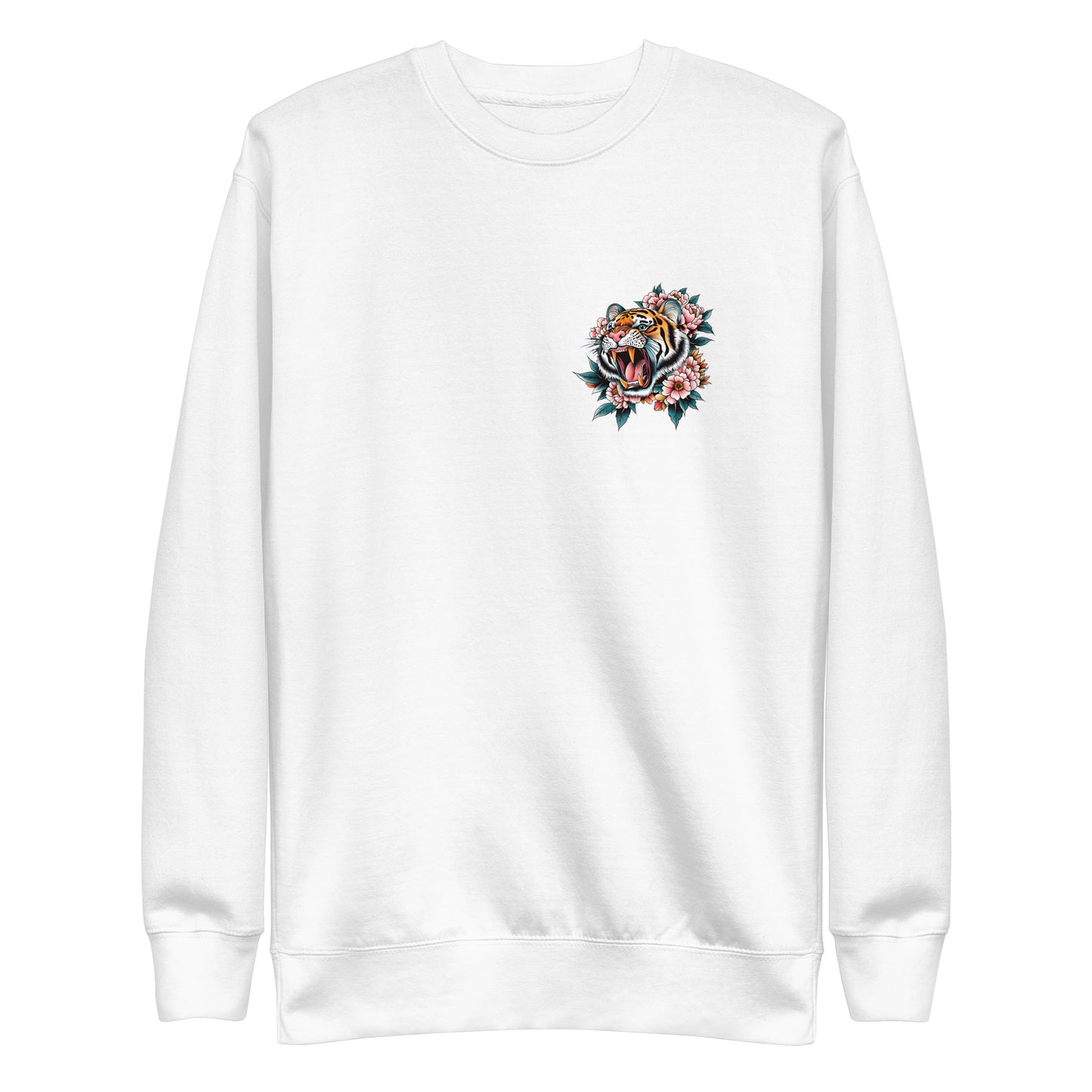 Front View Image: Women Don’t Owe You Sh*t Premium Sweatshirt with small tiger and floral emblem on the front.