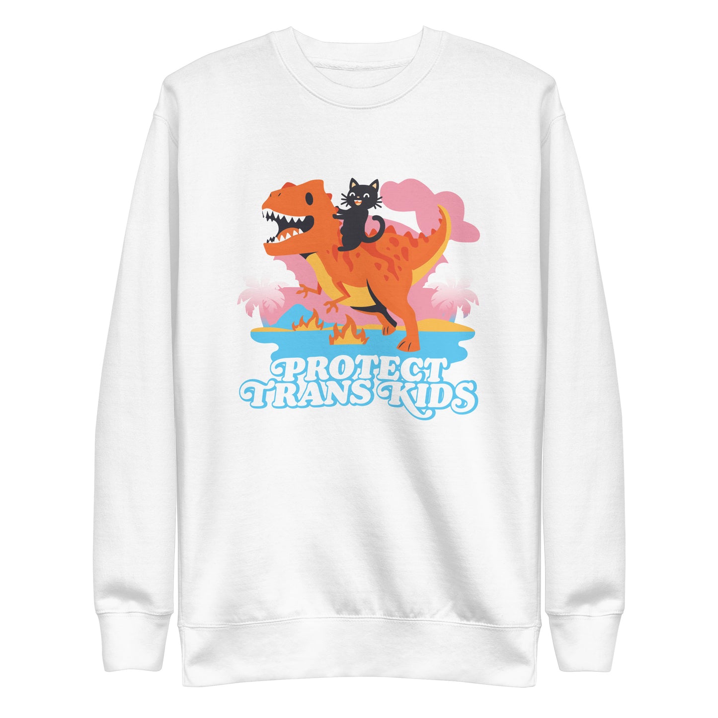 Front View Image: "Protect Trans Kids Unisex Premium Sweatshirt with black cat riding a dinosaur design."