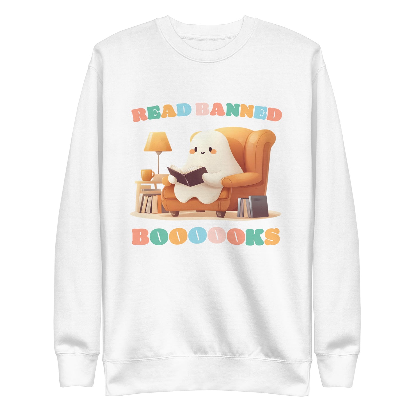 Front view of the "Read Banned Boooooks" Ghost Premium Sweatshirt featuring a cute ghost with books.