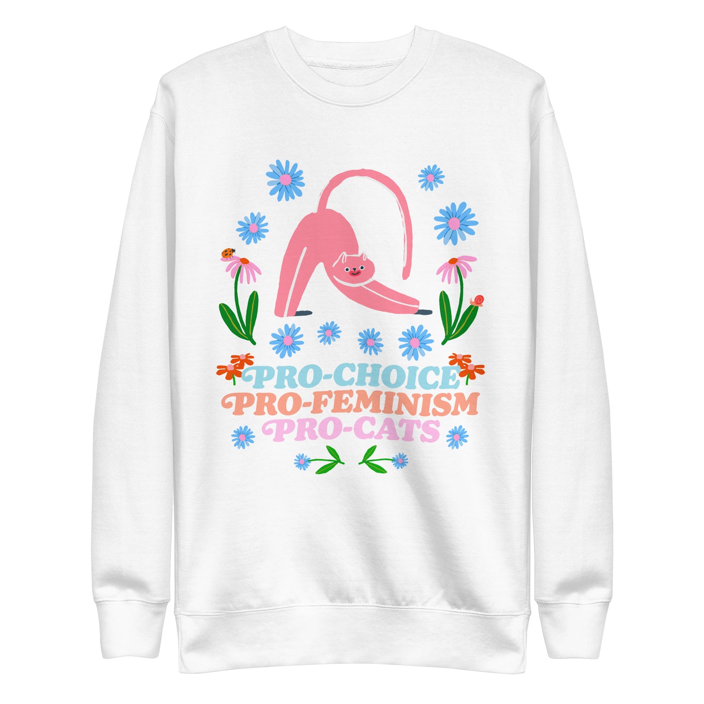 Front View Image: Pro-Choice Pro-Feminism Pro-Cats Premium Sweatshirt with floral cat design.