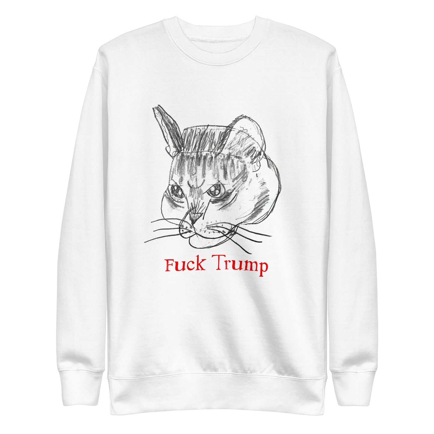 Front View Image: Unisex sweatshirt featuring a playful cat illustration with a "F*ck Trump" message.