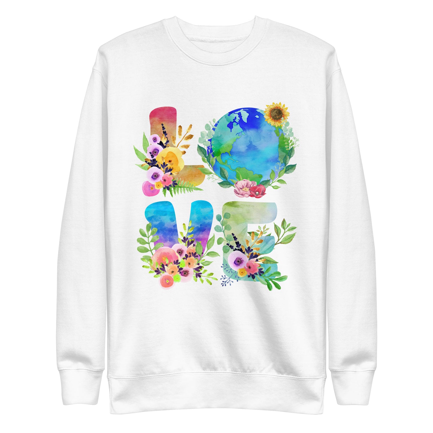 Front View Image: Love Earth Sweatshirt – Unisex climate change awareness sweatshirt featuring a watercolor Earth and floral "LOVE" design.