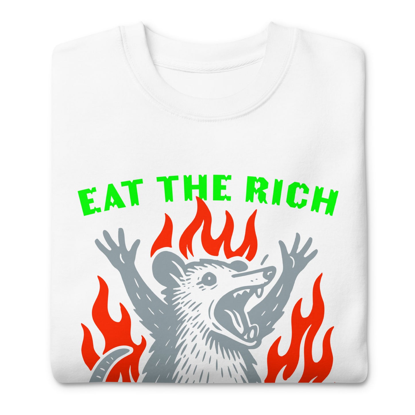 Close-Up of Design: Screaming opossum graphic surrounded by fire with neon “Eat The Rich” text