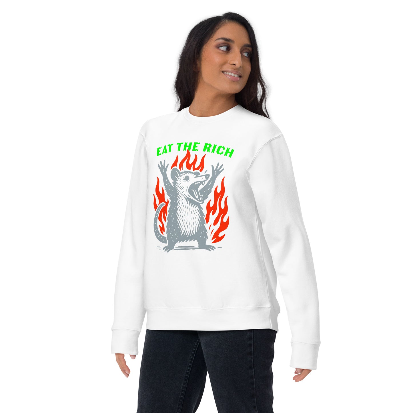 Lifestyle Image: Woman wearing Eat The Rich Activist Sweatshirt – unisex punk style