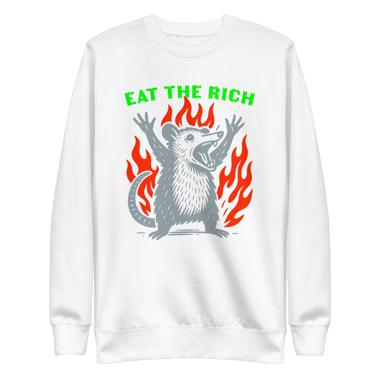 Front View Image: Eat The Rich Opossum Sweatshirt – bold protest design with flames