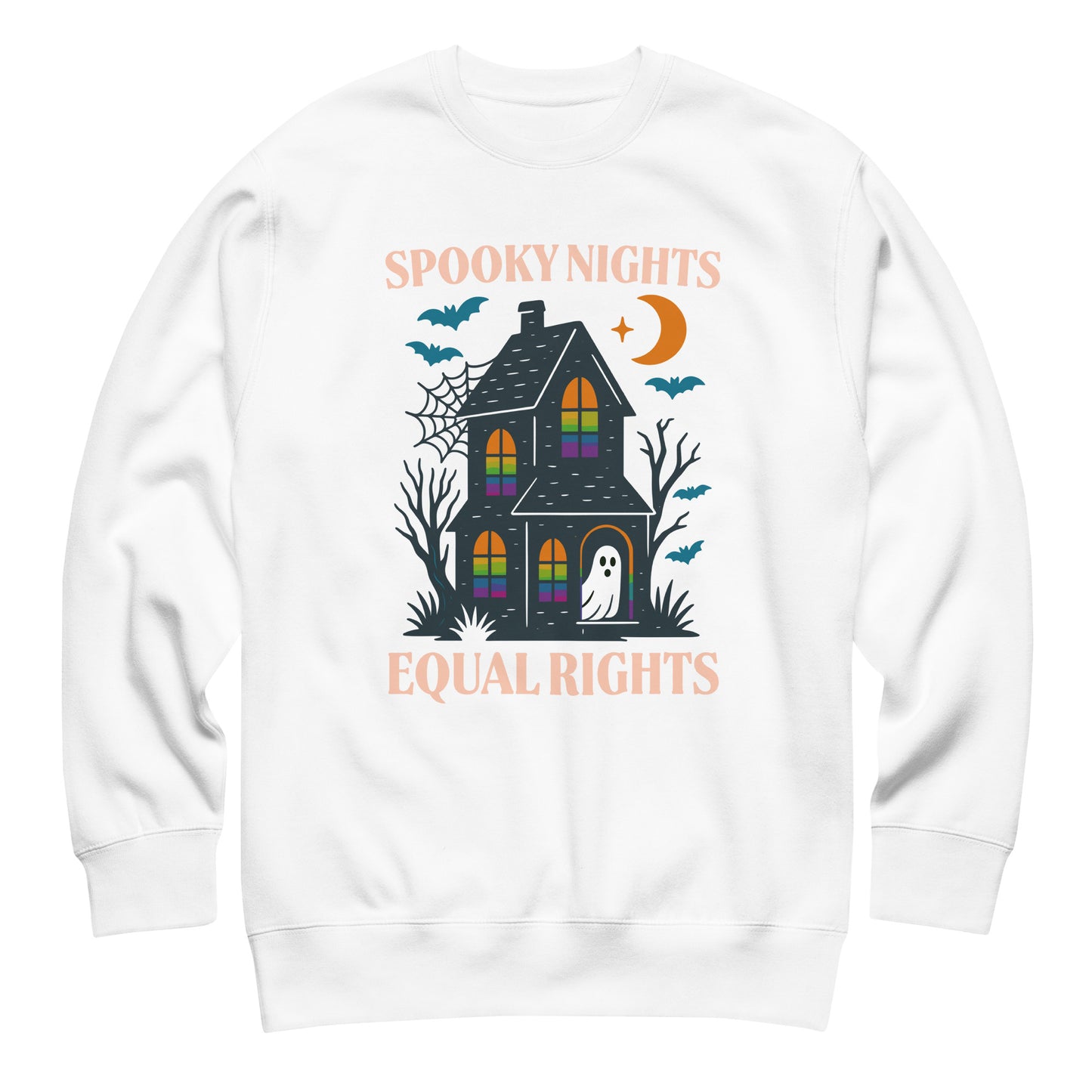 White “Spooky Nights, Equal Rights” Halloween equality sweatshirt with ghost and bats, inclusive progressive design.