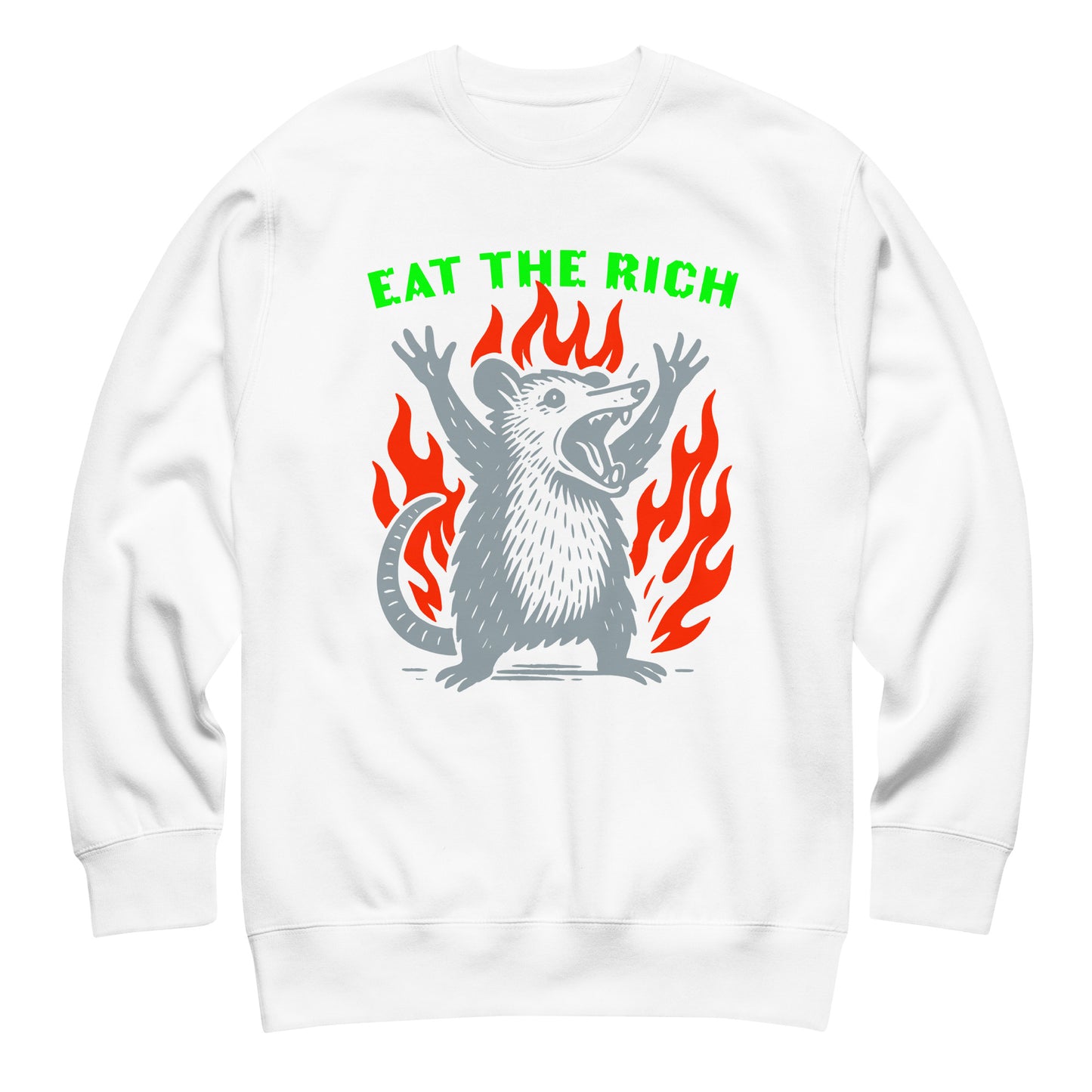 White unisex premium sweatshirt featuring punk opossum surrounded by flames with bold “Eat The Rich” anti-capitalist artwork.