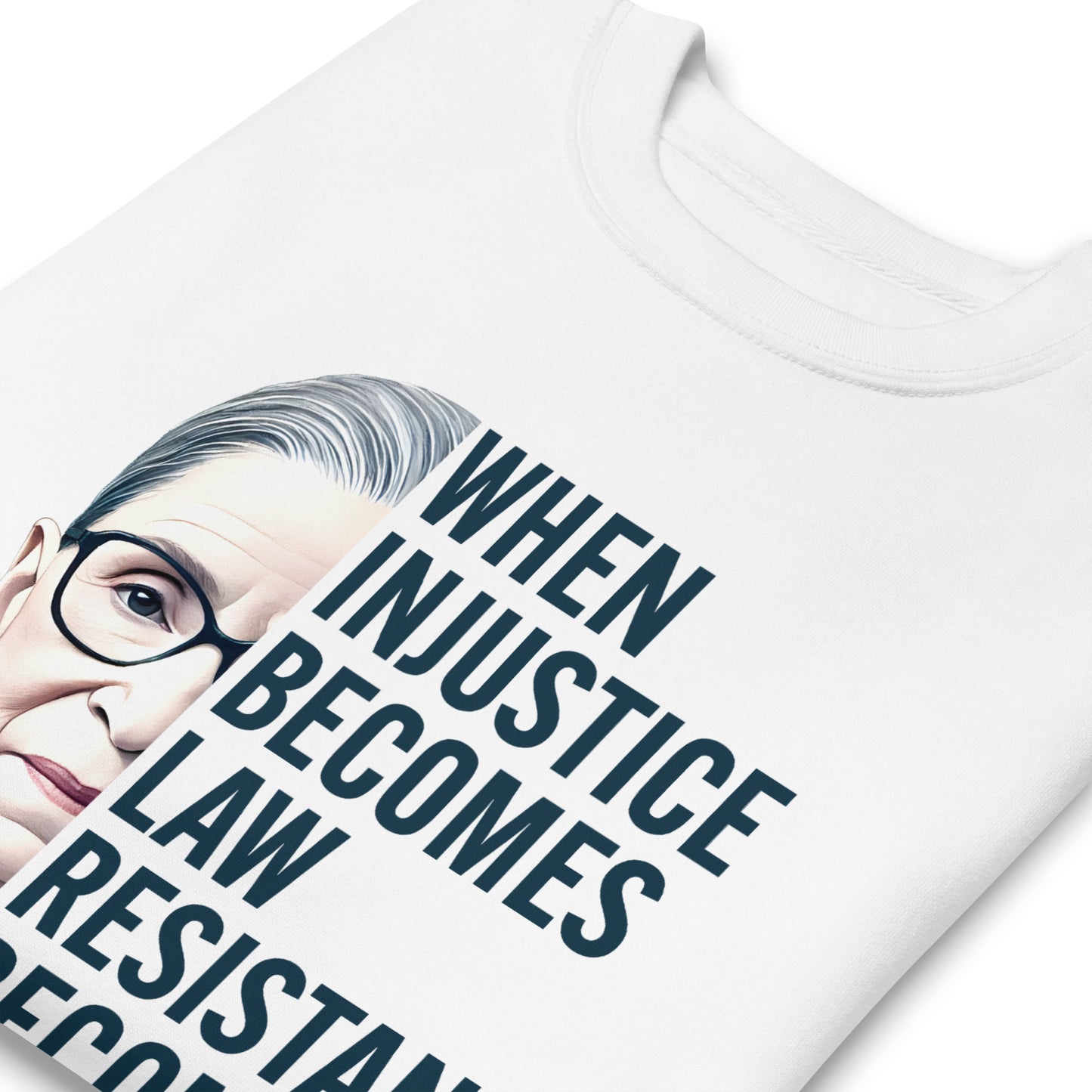 Close-Up of Design: Detailed graphic of RBG with bold text on the sweatshirt.