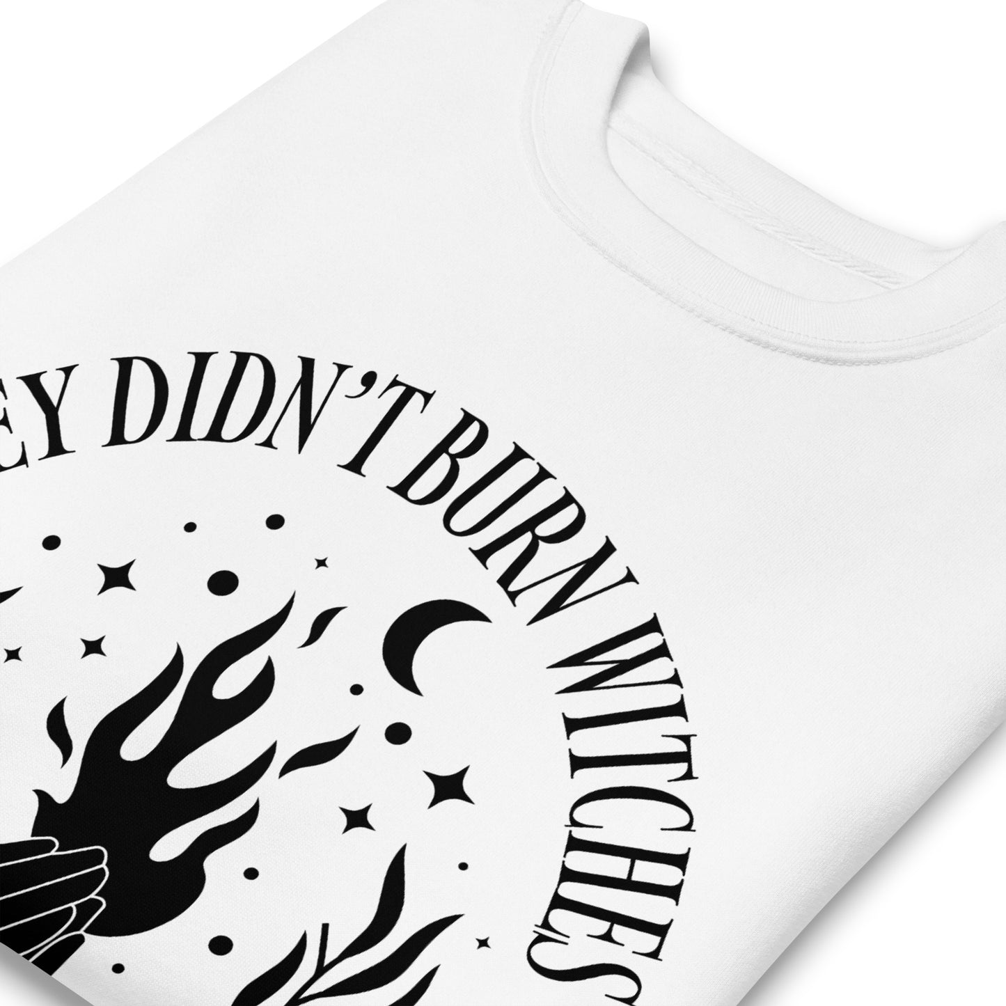 Close-up of bold feminist message on the They Didn’t Burn Witches They Burned Women unisex premium sweatshirt.
