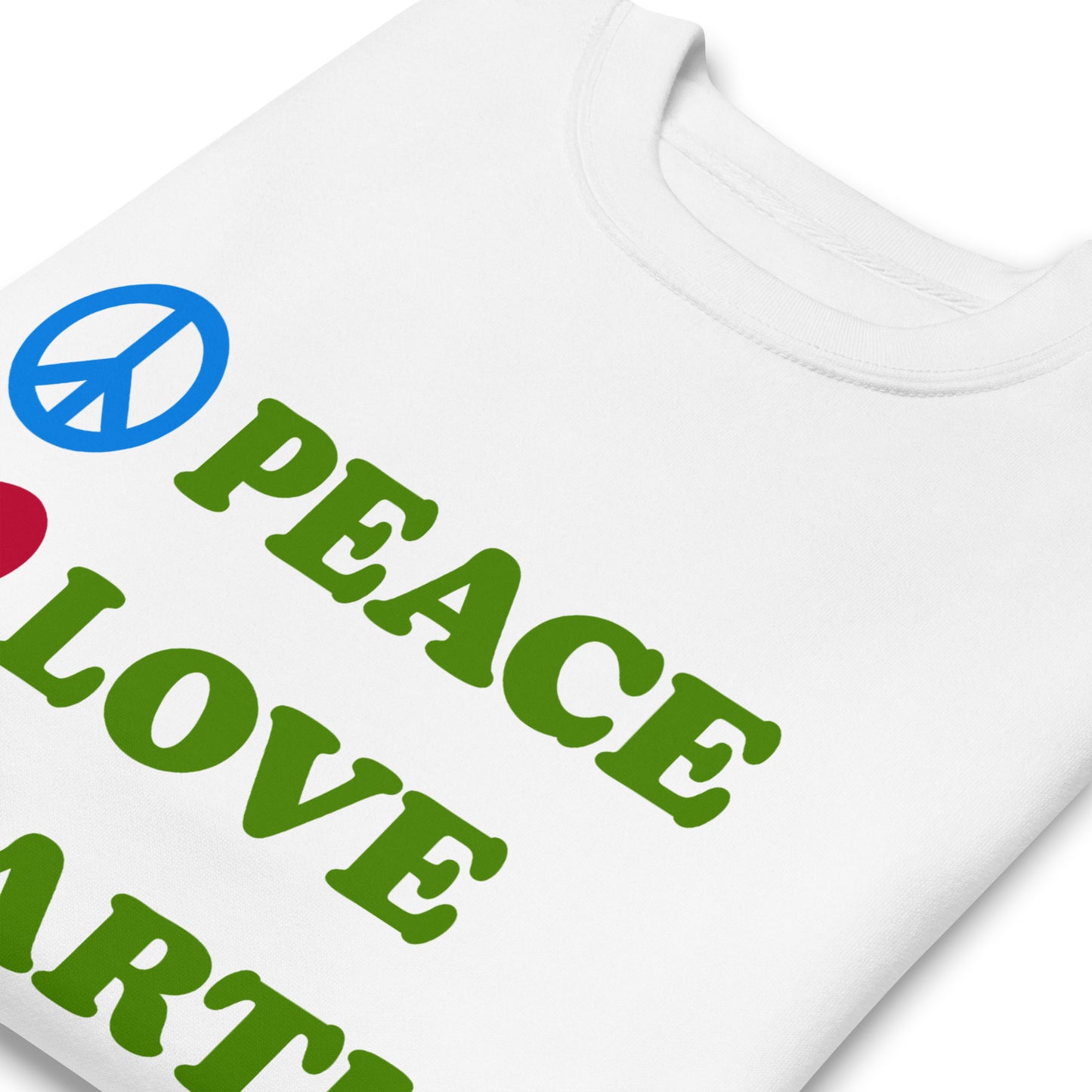 Close-Up of Design: Crisp detail of peace, heart, Earth, and recycle symbols on our sweatshirt