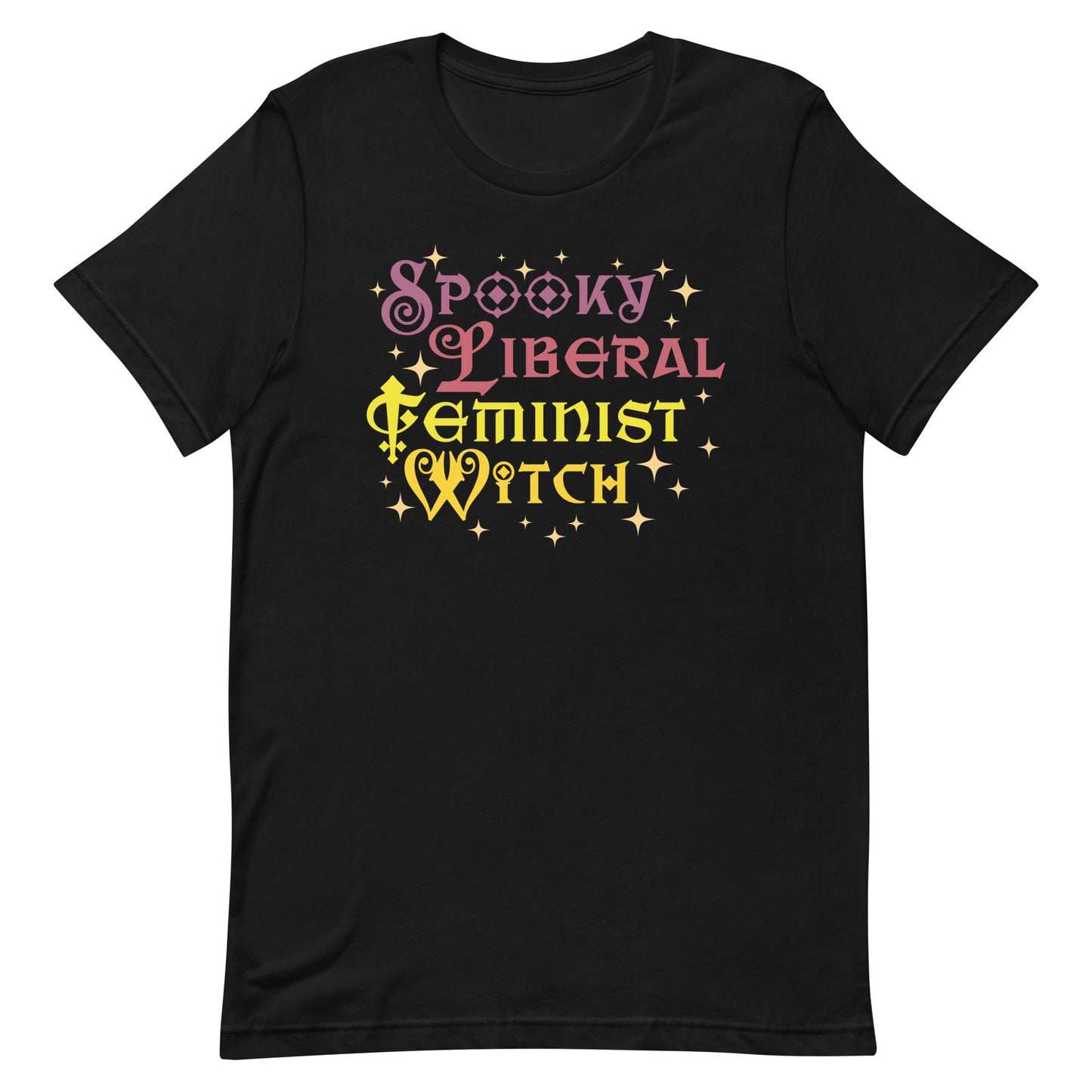 Front View Image: Bold feminist graphic on the front of the Spooky Liberal Feminist Witch Unisex T-Shirt.