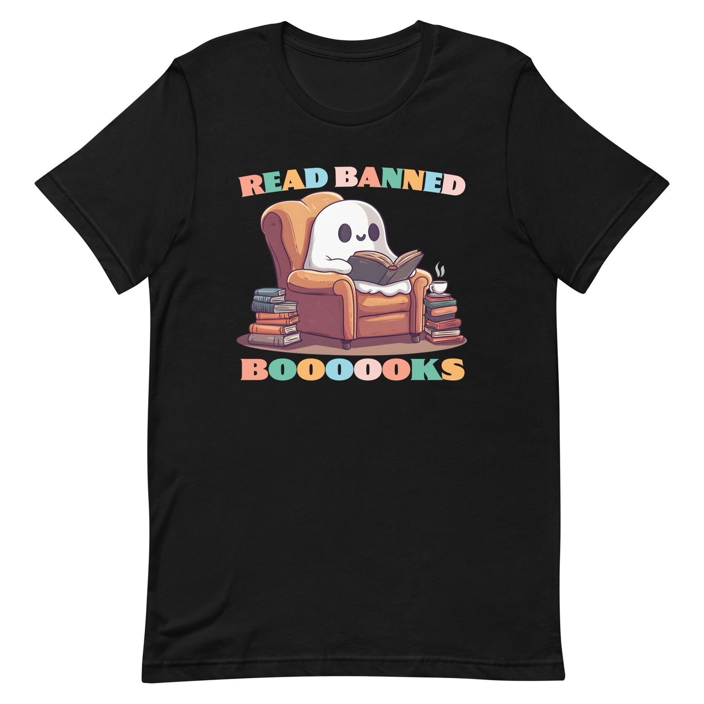 Front view of the "Read Banned Boooooks" Ghost T-Shirt featuring a cute ghost with books.