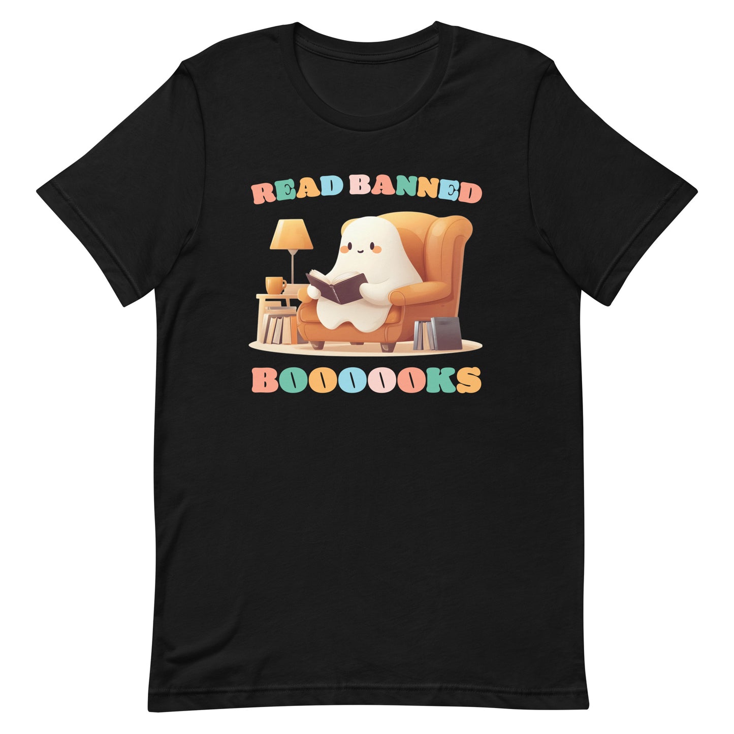 Front view of the "Read Banned Boooooks" T-Shirt featuring a cute ghost reading books.