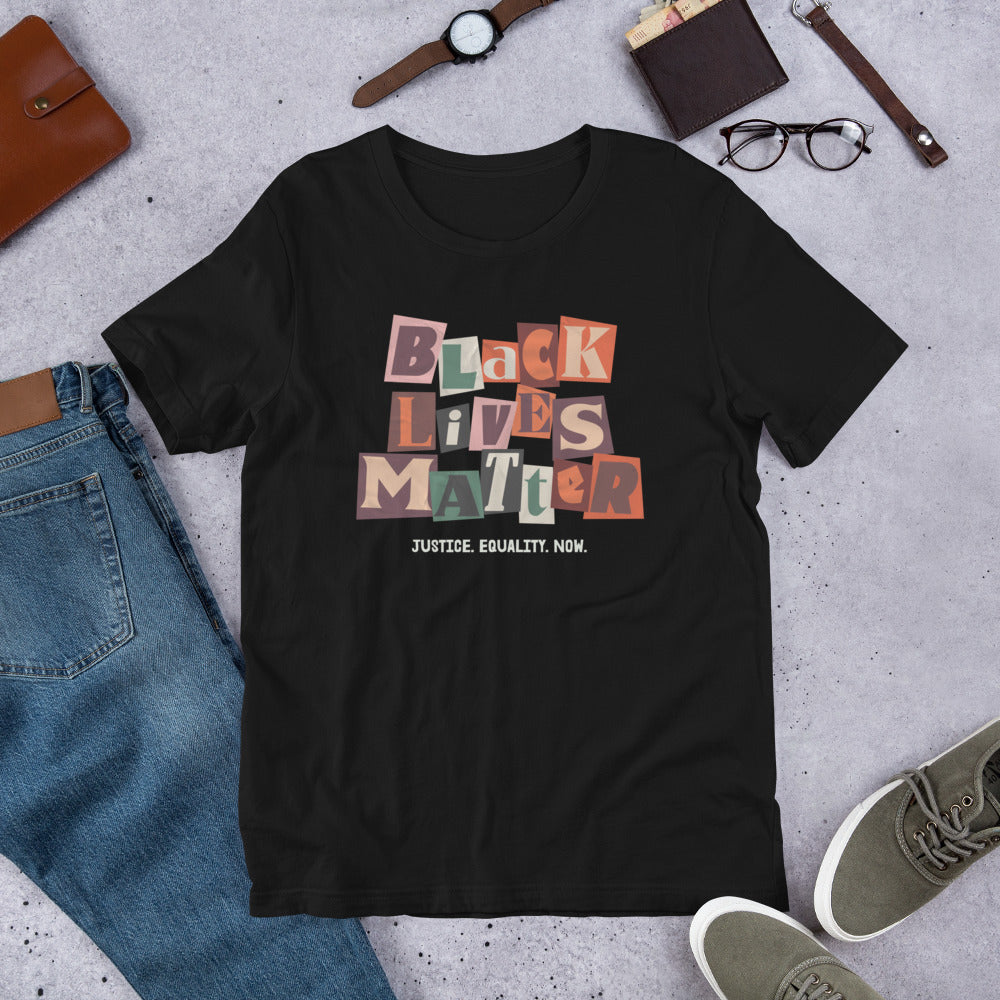 Black Lives Matter Unisex T-Shirt displayed flat, showing its striking design.