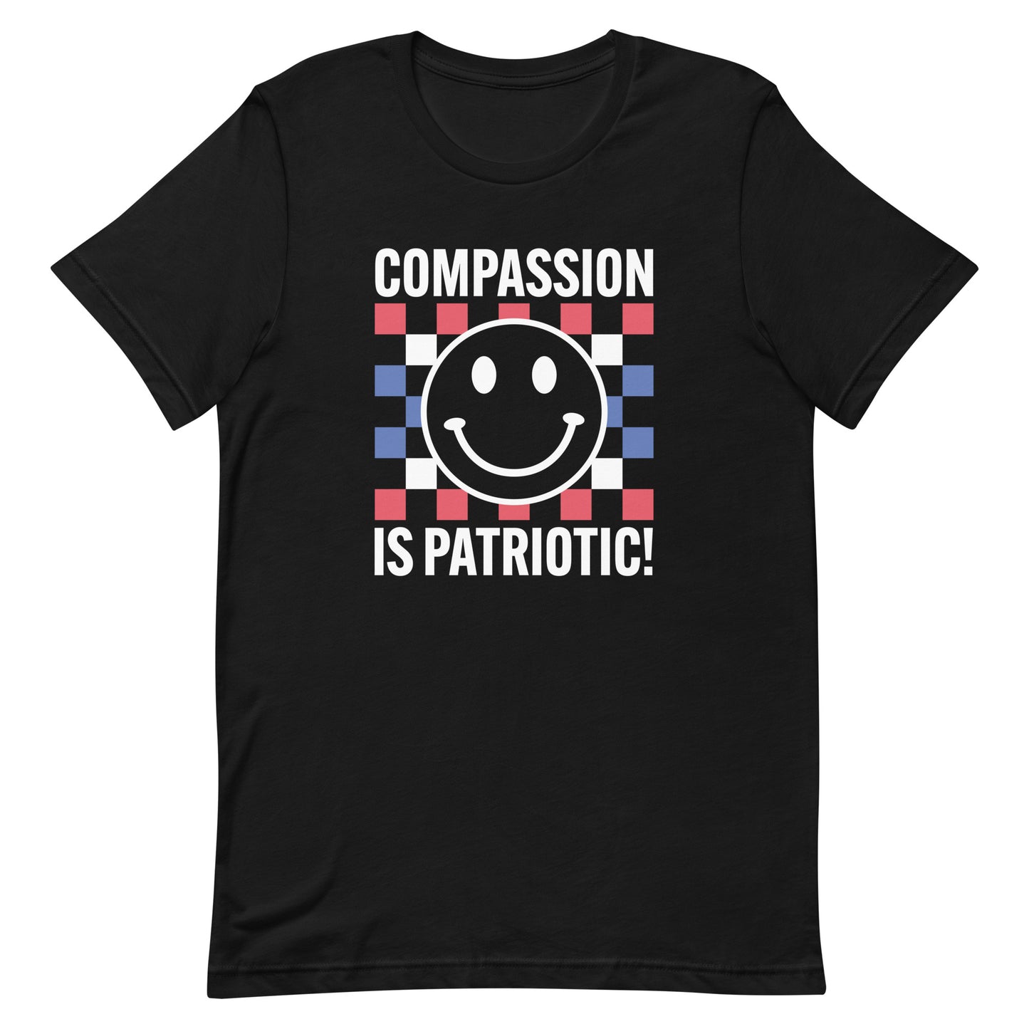 Front view of the Compassion Is Patriotic Smiley Face Unisex T-Shirt in red, white, and blue with a smiley face design.
