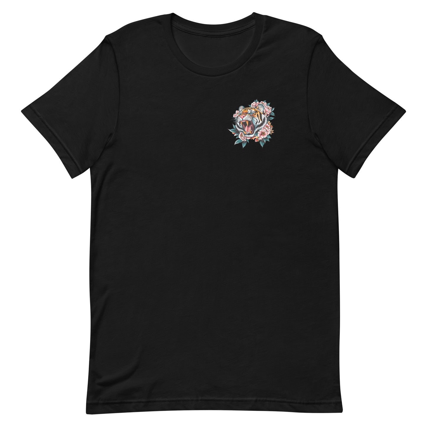 Front View Image: Women Don’t Owe You Sh*t Unisex T-Shirt with small tiger and floral emblem on the front.