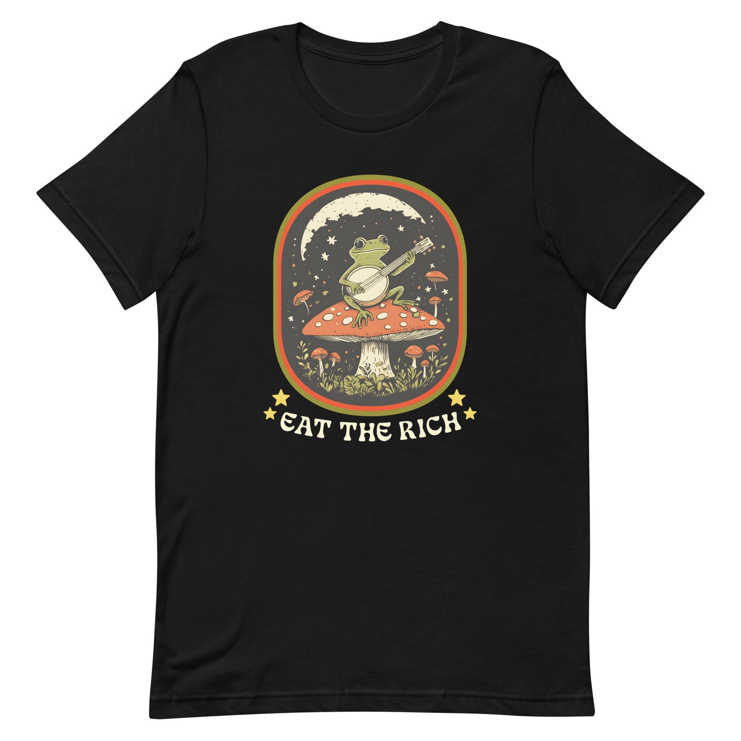 Front view of Eat The Rich Anti-Capitalism Unisex T-Shirt with retro frog design.
