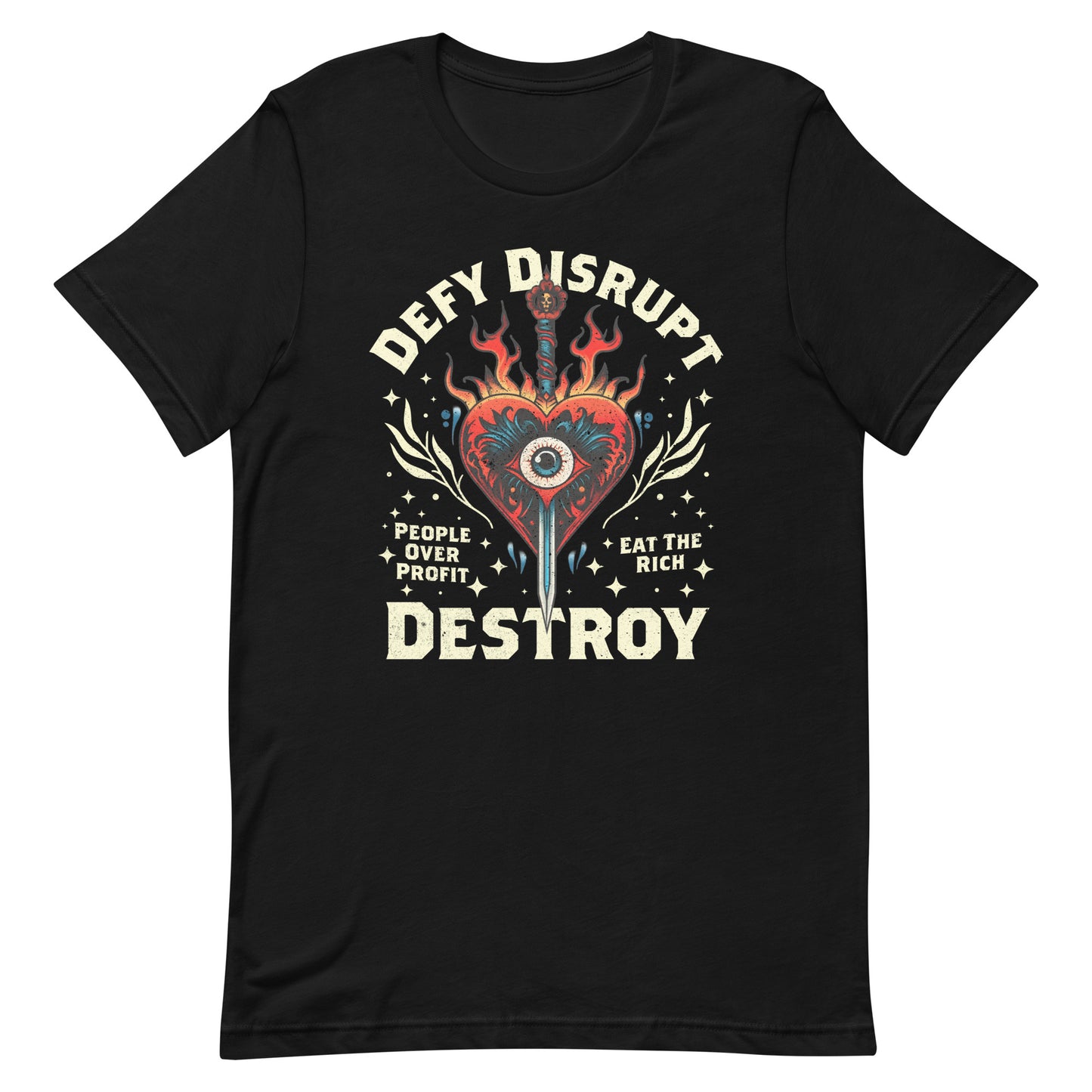 Front View Image: Eat The Rich T-shirt with tattoo-inspired evil heart design, fire, and dagger on a plain background