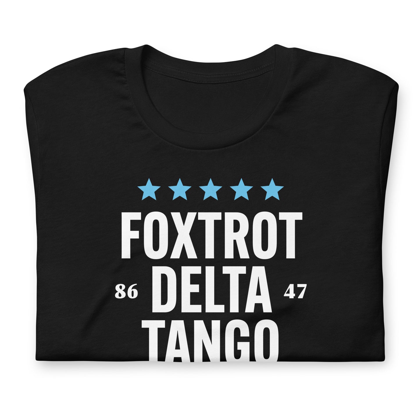 Close-Up of Design: Close-up of 'Foxtrot Delta Tango' graphic on t-shirt.