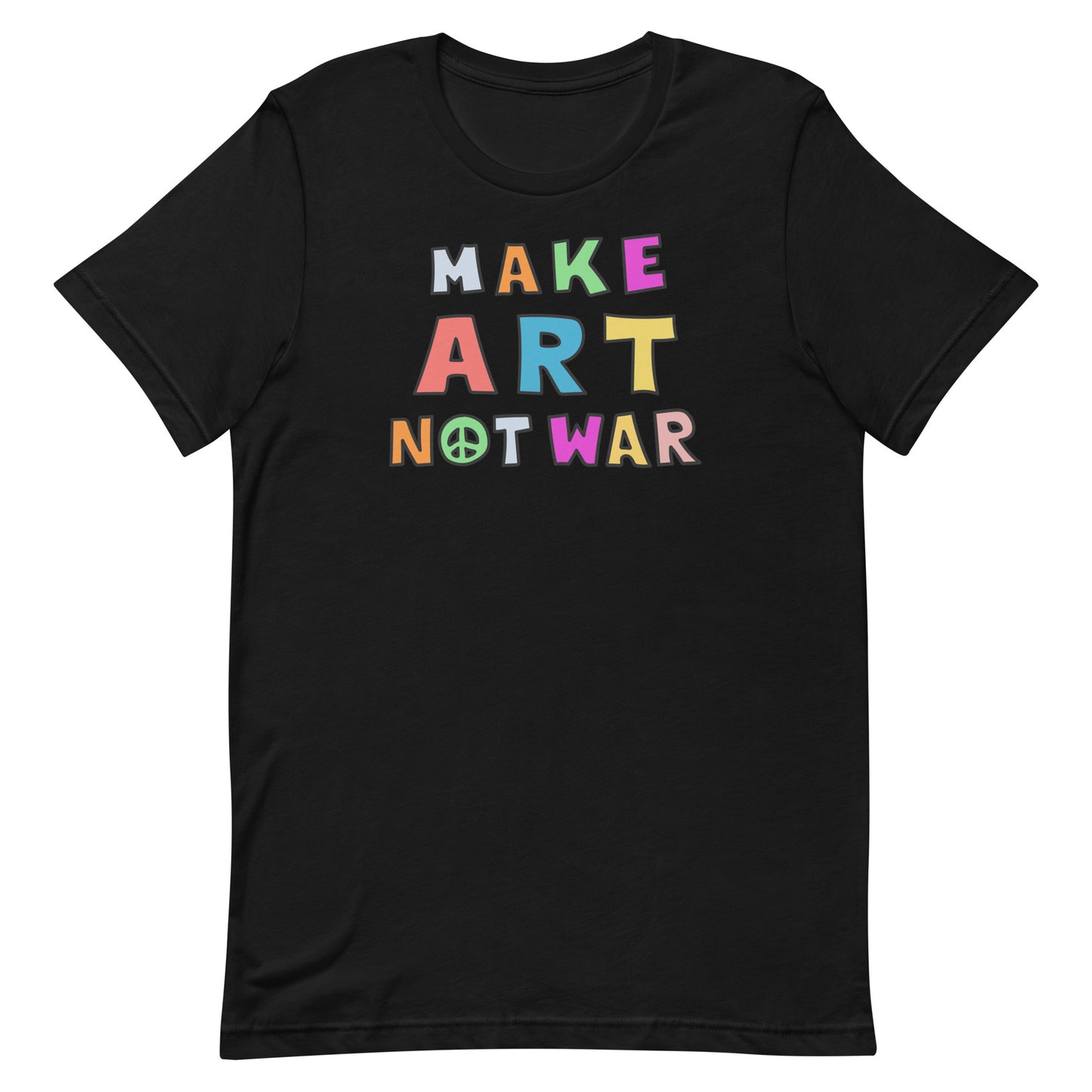 Front View Image: Make Art Not War unisex t-shirt displayed front-on, showcasing the anti-war graphic