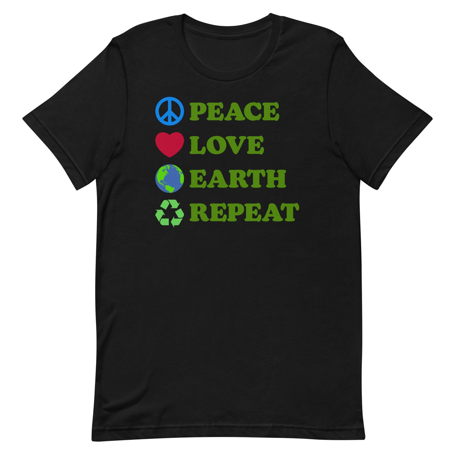 Front View Image: Peace Love Earth Repeat t-shirt displayed flat with full front graphic