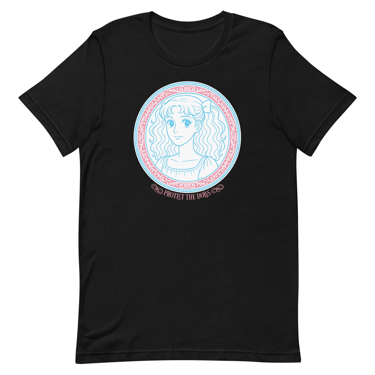 Front View Image: Protect The Dolls t-shirt with trans pride anime-style graphic