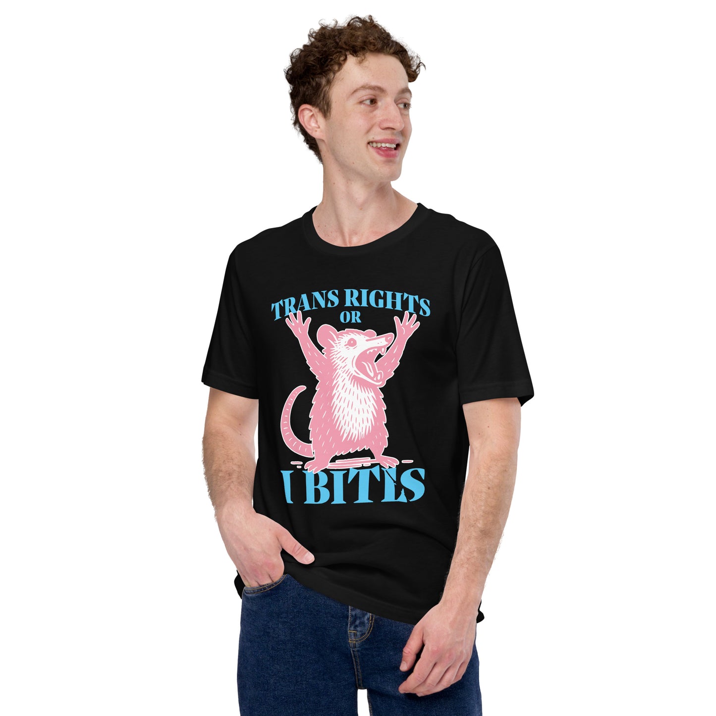 Male activist wearing the "Trans Rights Or I Bites" Opossum Trans LGBTQ+ Protest Unisex T-Shirt