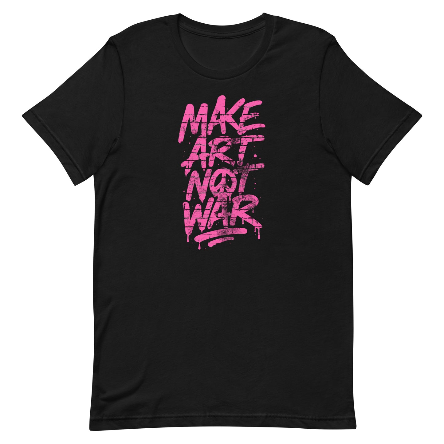 Front View Image: Front view of Make Art Not War graffiti protest t-shirt with bold pink spray-paint lettering