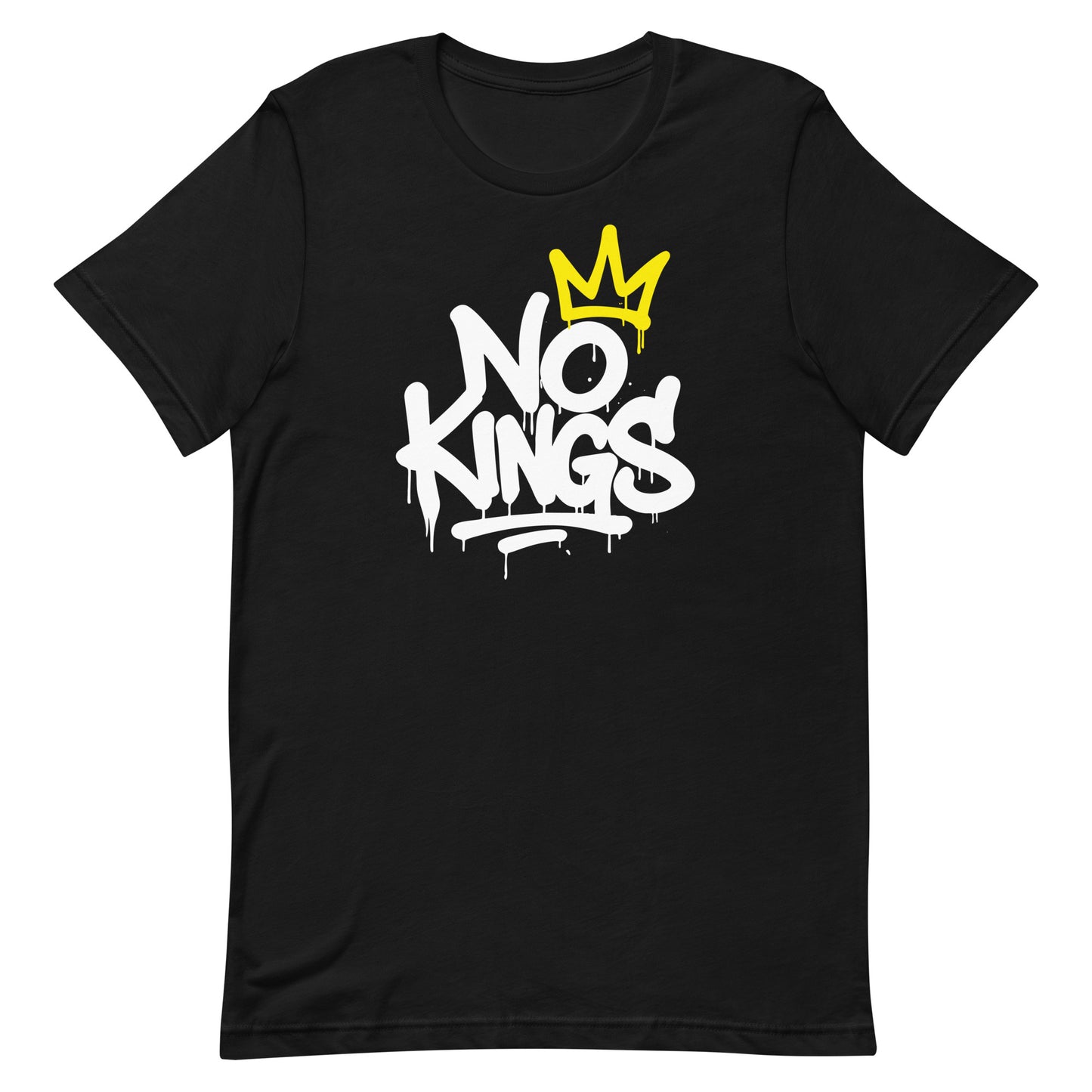 Front View Image: Front view of No Kings in America protest t-shirt with bold graffiti text and yellow crown