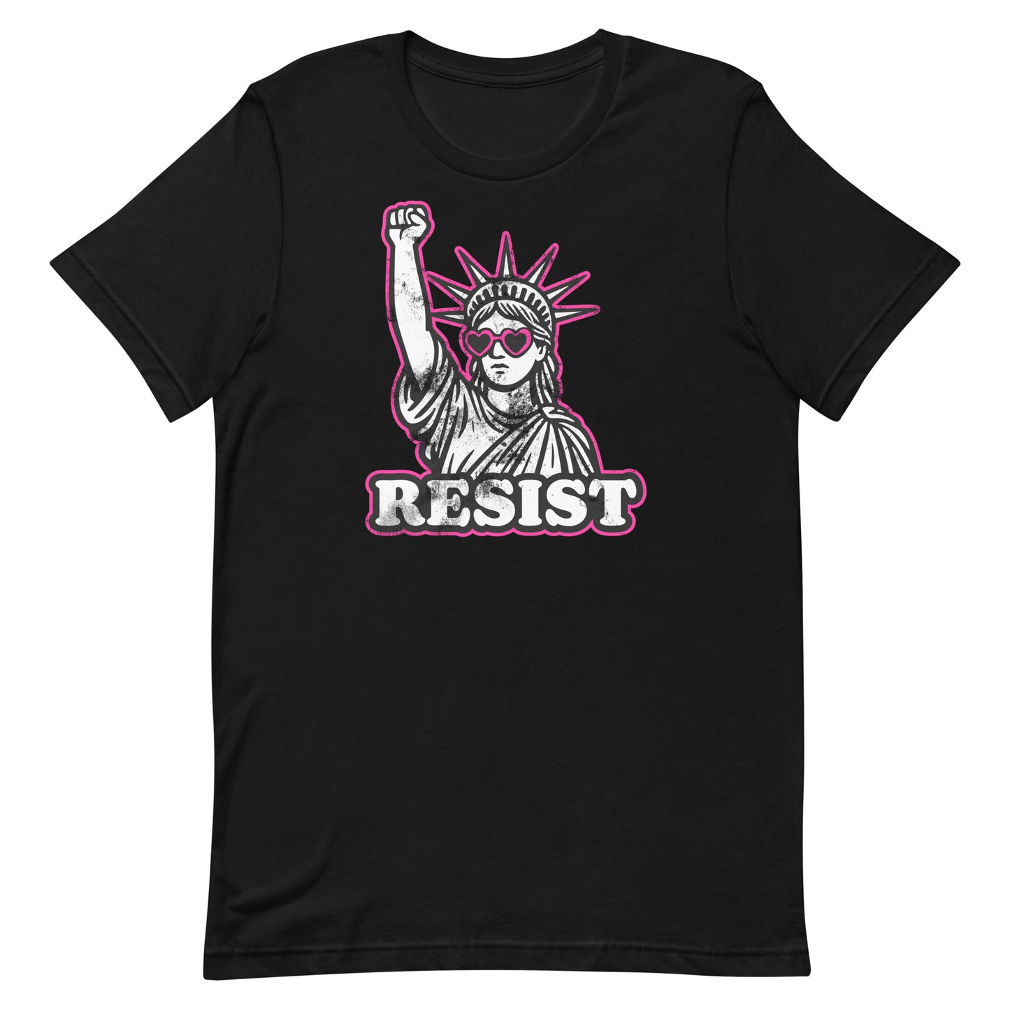 Front View Image: Front view of RESIST feminist t-shirt with raised fist Statue of Liberty and pink heart sunglasses