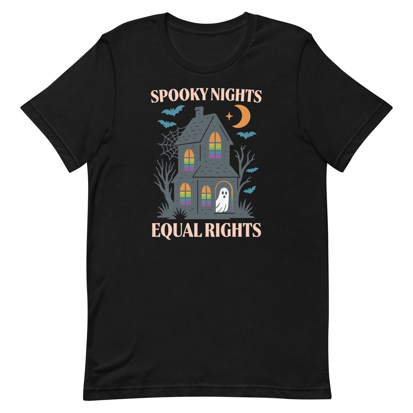 Black “Spooky Nights Equal Rights” Halloween t-shirt featuring haunted house, ghost, bats, and crescent moon.