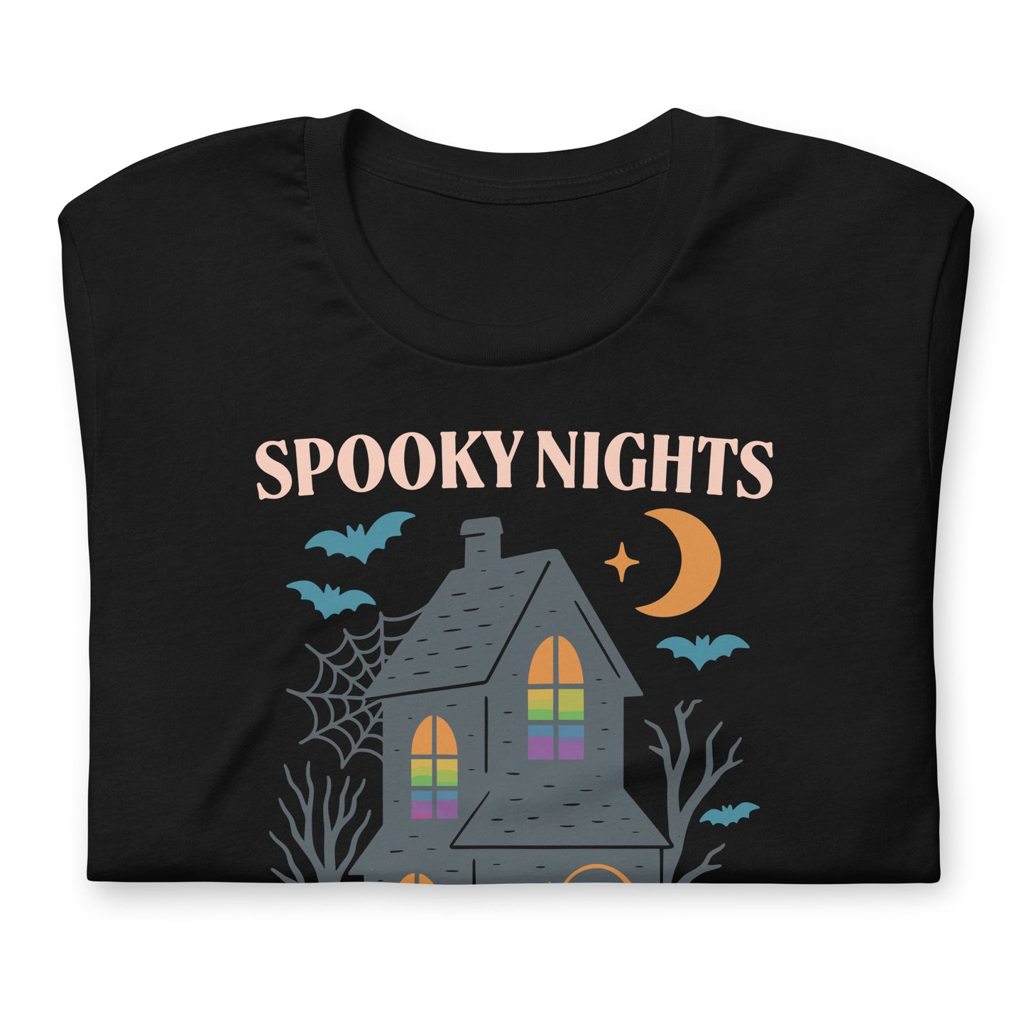 Folded black “Spooky Nights Equal Rights” unisex Halloween activist t-shirt, Blue Wave USA progressive apparel.