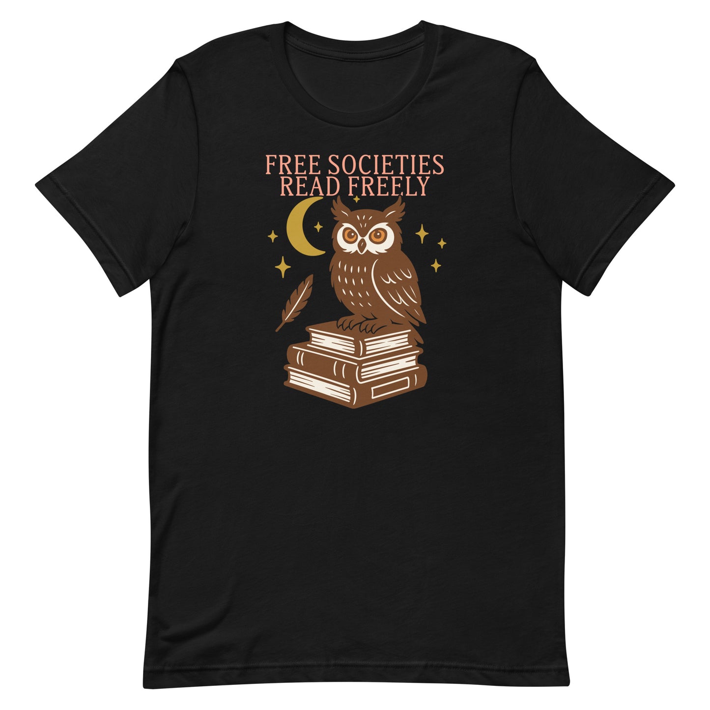 “Free Societies Read Freely” owl graphic tee with books and crescent moon design, shown on black unisex t-shirt.