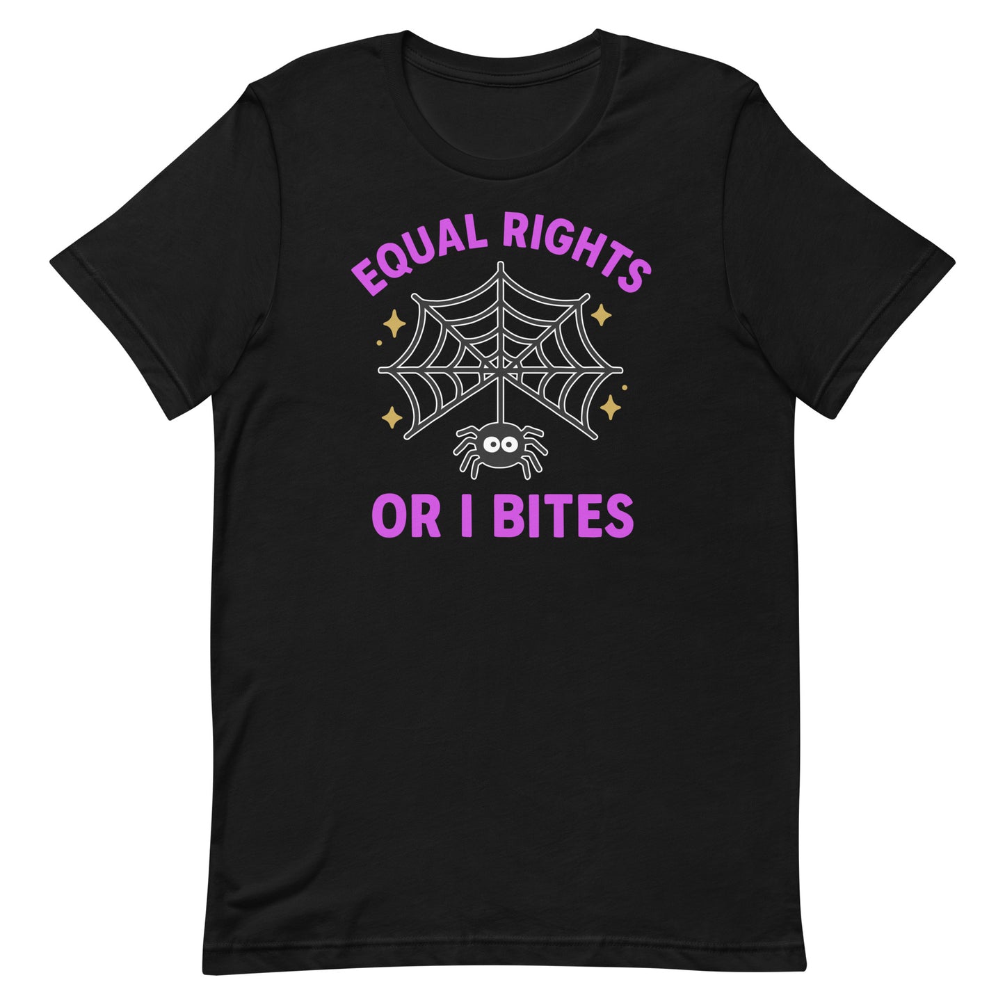 Black “Equal Rights or I Bites” Halloween spider web shirt with gold stars, feminist and progressive activist graphic tee.