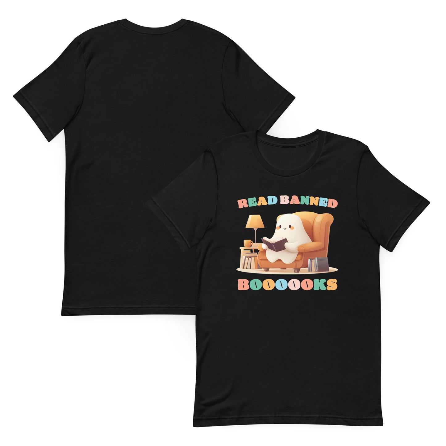 front and back view of the "Read Banned Boooooks" Bookish Halloween T-Shirt featuring a cute ghost reading books.