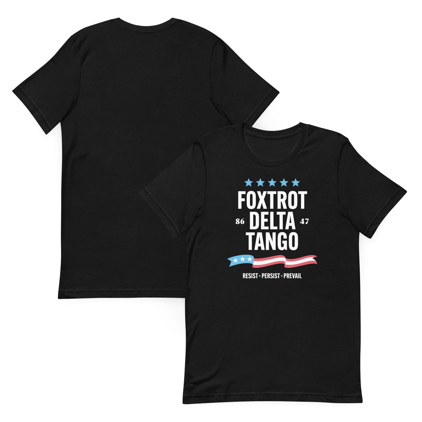 Front and Back Flat Lay Image: Foxtrot Delta Tango T-Shirt laid flat showcasing design.